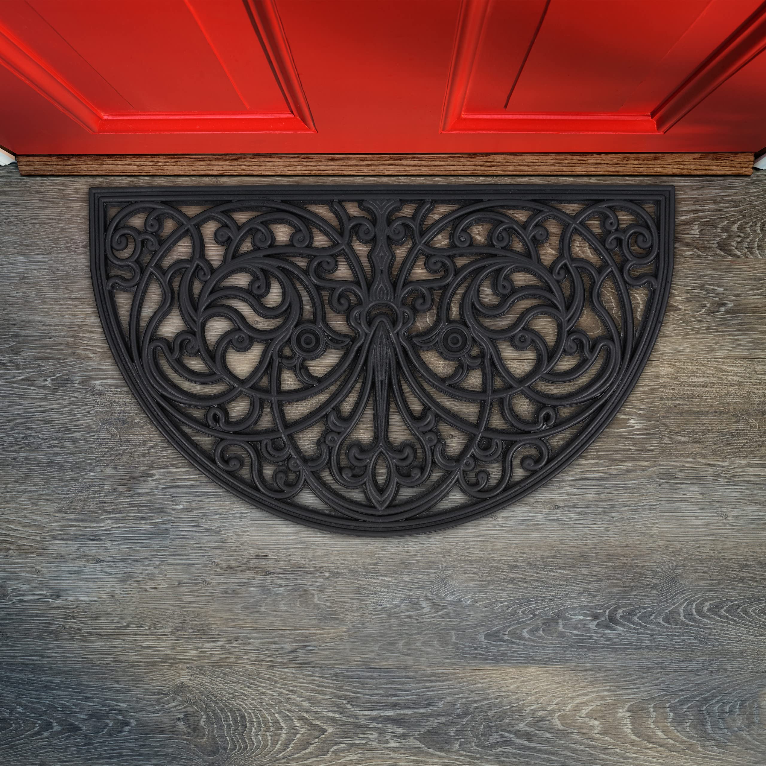 Relaxdays Zerbino con Motivo Ornamentale, 75x45 cm, Tappetino Semicerchio, in Gomma Antiscivolo, Indoor & Outdoor, Nero