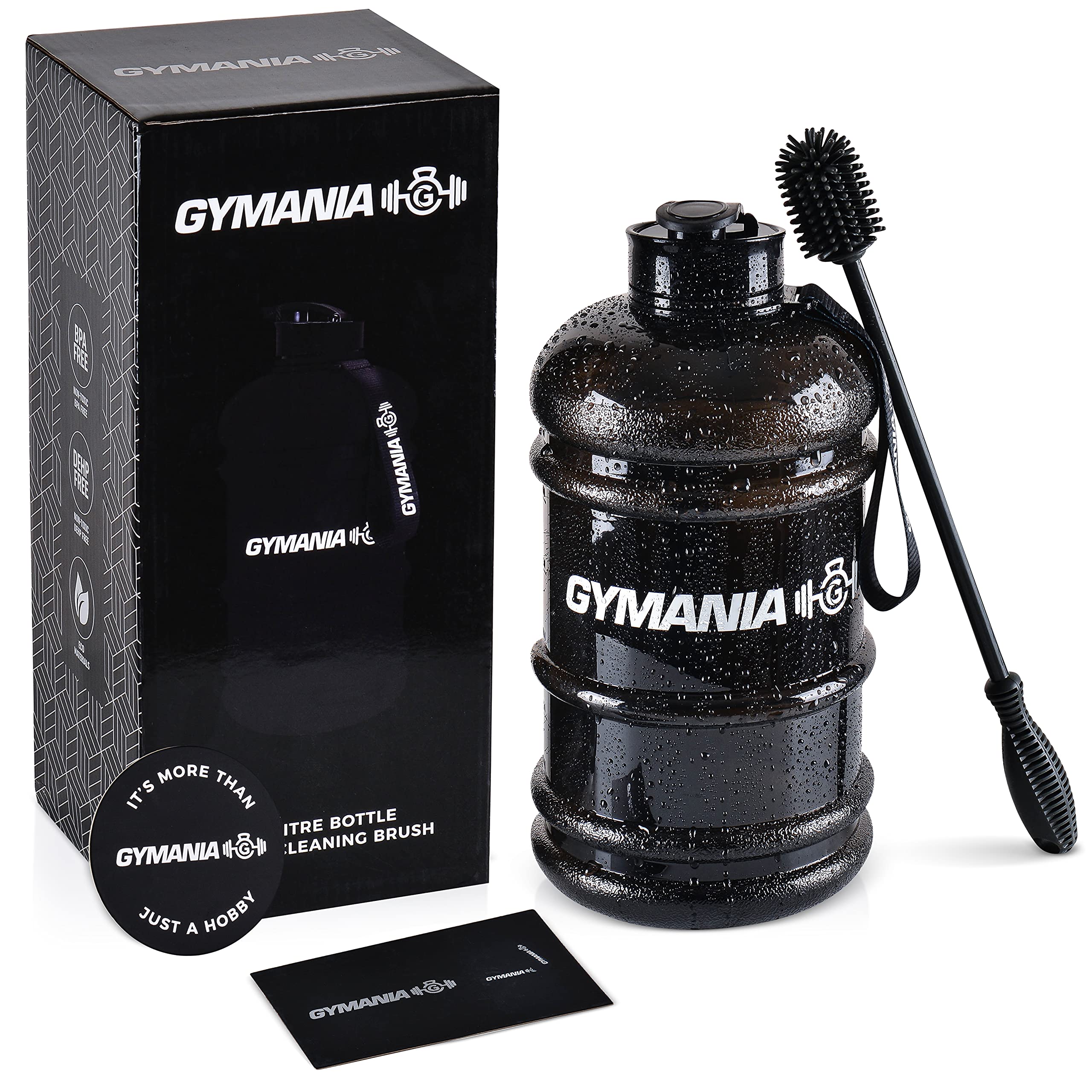 GYMANIA 2.2L Gym Jug Water Bottle – Half-Gallon Big Water Bottle with Flip-Cap Leakproof Lid, BPA-Free Plastic, Carry Handle & Strap – Includes FREE Silicone Cleaning Brush