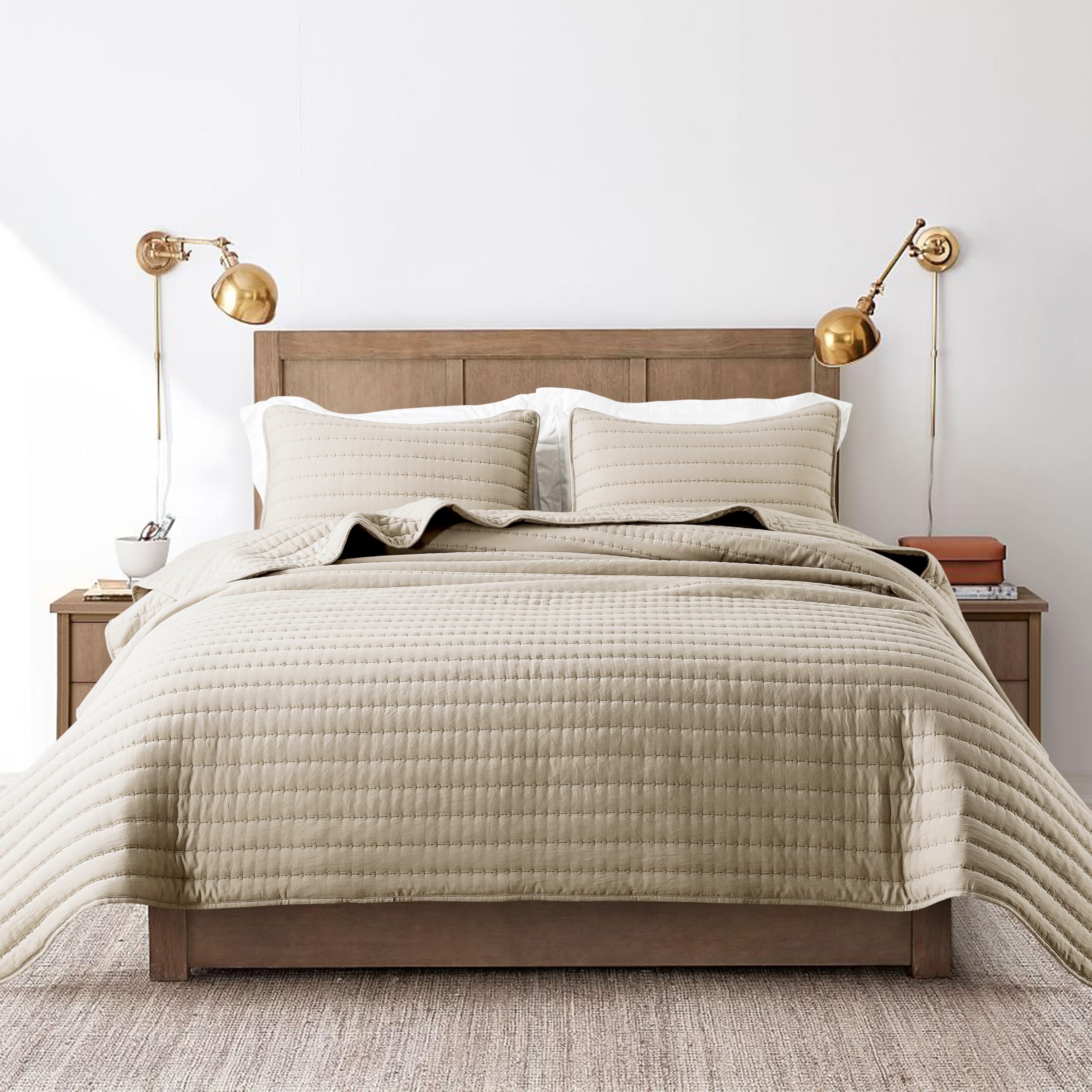 R.SHARE Tagesdecke 300x270 cm, Kuscheldecke Bettüberwurf, Ultra Weiche Steppdecke für alle Jahreszeiten, Wohndecken Sofaüberwurfdecke aus Mikrofaser (ohne Kissenbezug)-Beige