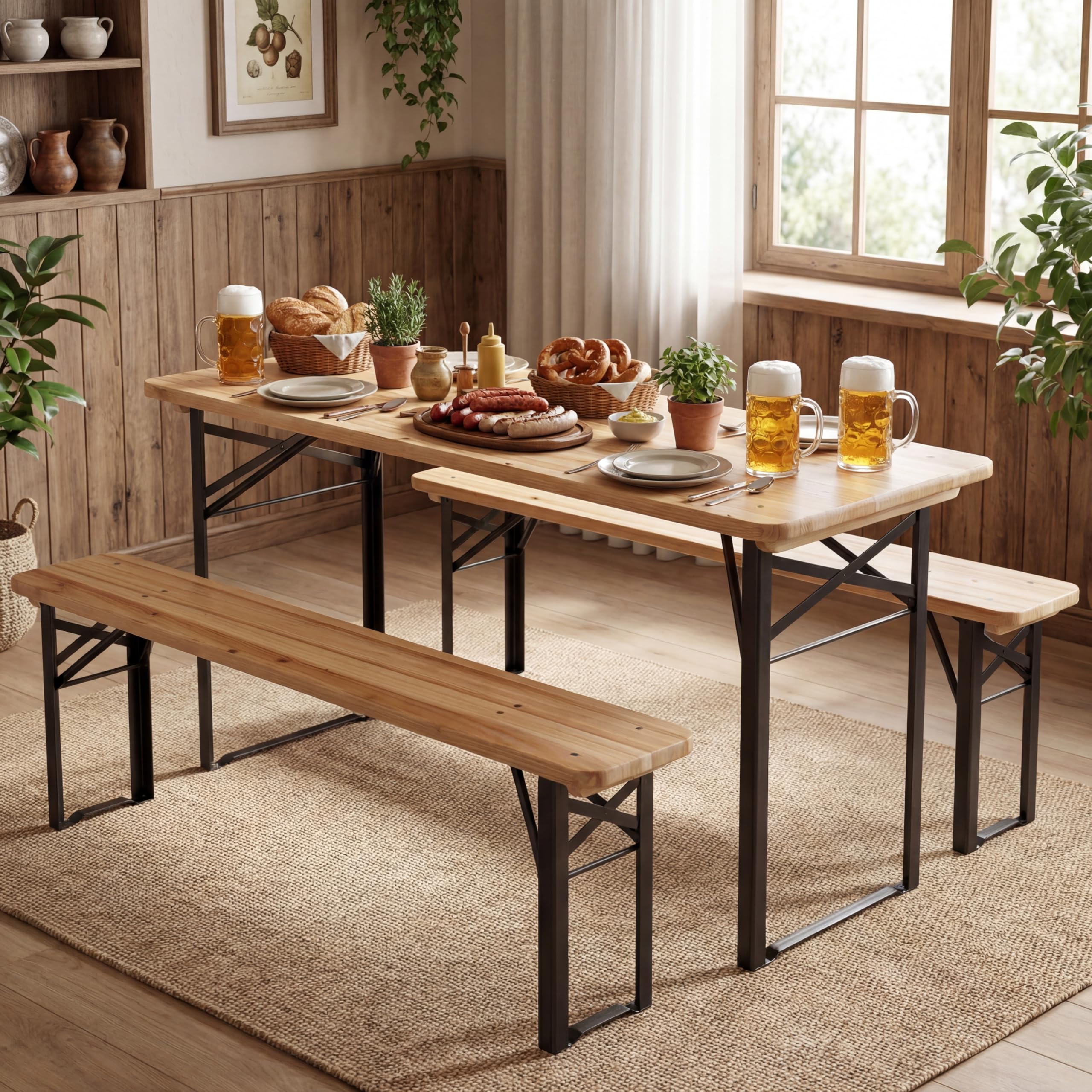 KOMFOTTEU 3-Teilige Biertischgarnitur, Bierzeltgarnitur klappbar mit Tisch & 2 Bänken, Bierbankgarnitur aus Natürlichem Tannenholz für 4 Personen, Outdoor Bierbankgarnitur for Garten, Hof & Pool