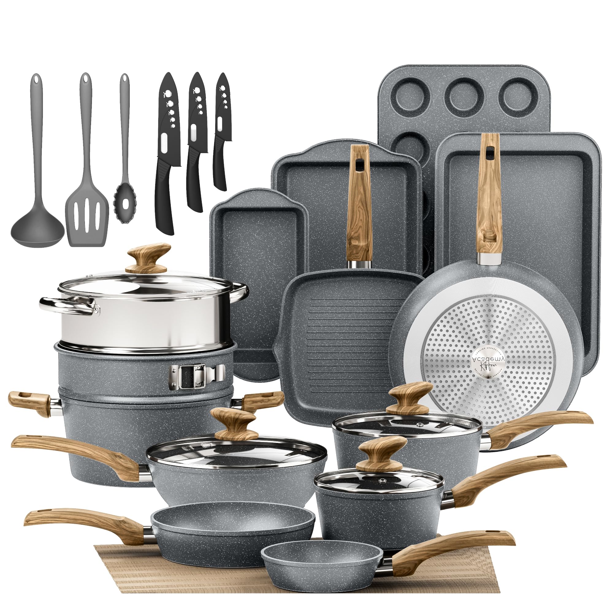 Kitchen Academy Ensemble de casseroles 30 pièces avec revêtement en granit et couvercles en verre, adapté à l'induction, incluant poêles et marmites (Gris 30 pièces)