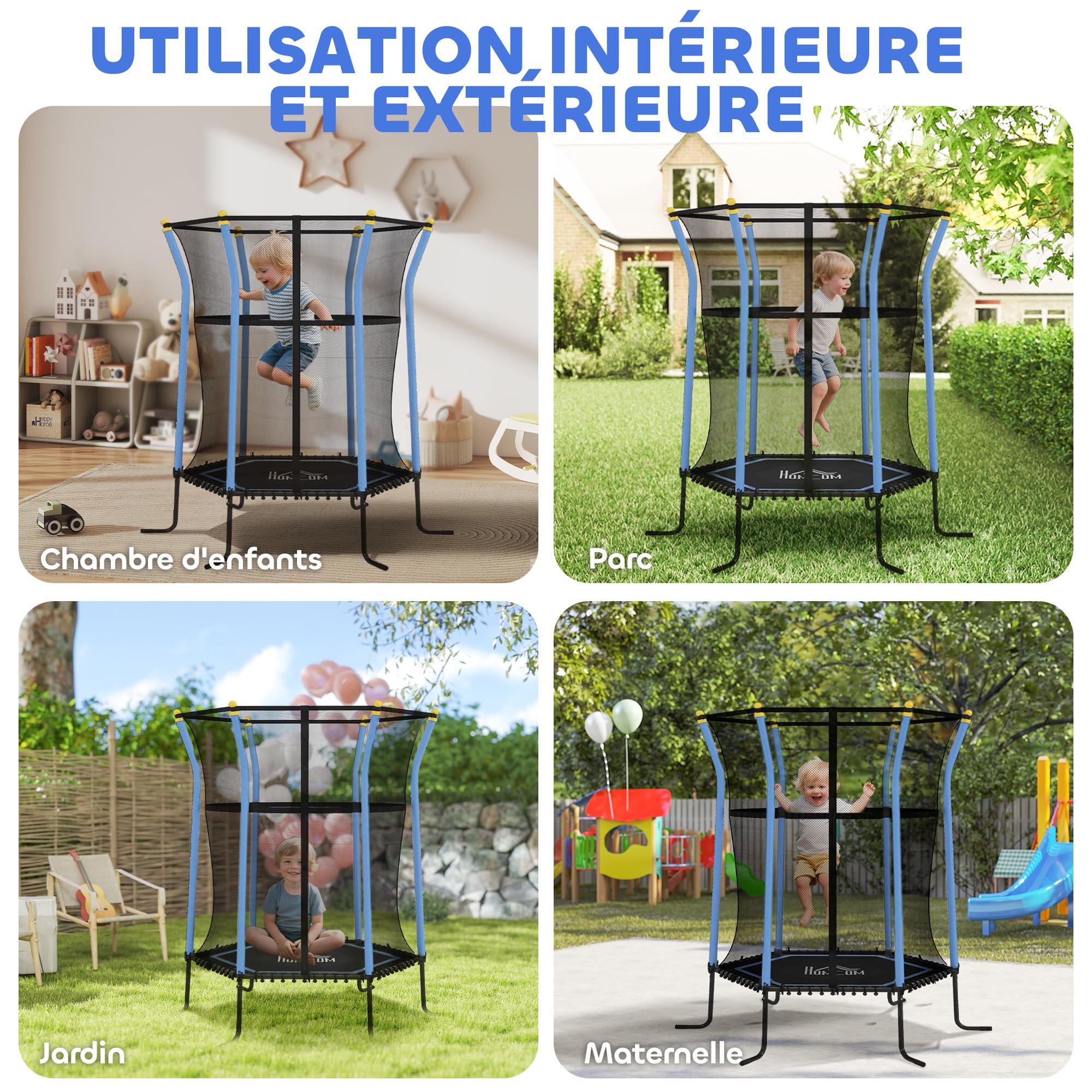 Trampoline HOMCOM Pour Enfant – 163,5 Cm, Filet Sécurité, Porte Zippée, élastiques, Charge 50 Kg, 3-10 Ans