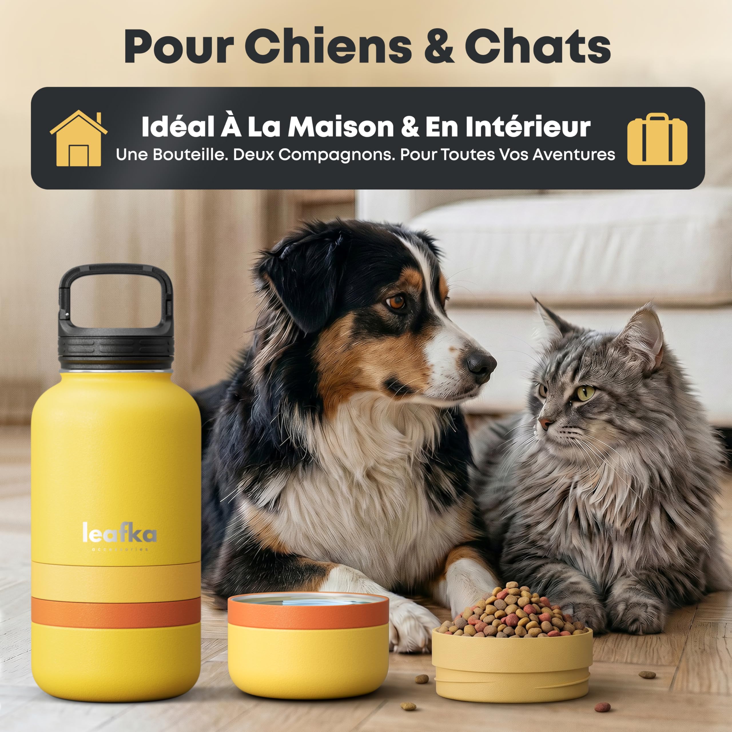3-in-1-Hundeflasche mit Wassernapf und Trockenfach, tragbare Reiseflasche für Hunde und Katzen, Transportflasche für Wasser und Tierfutter (gelb)