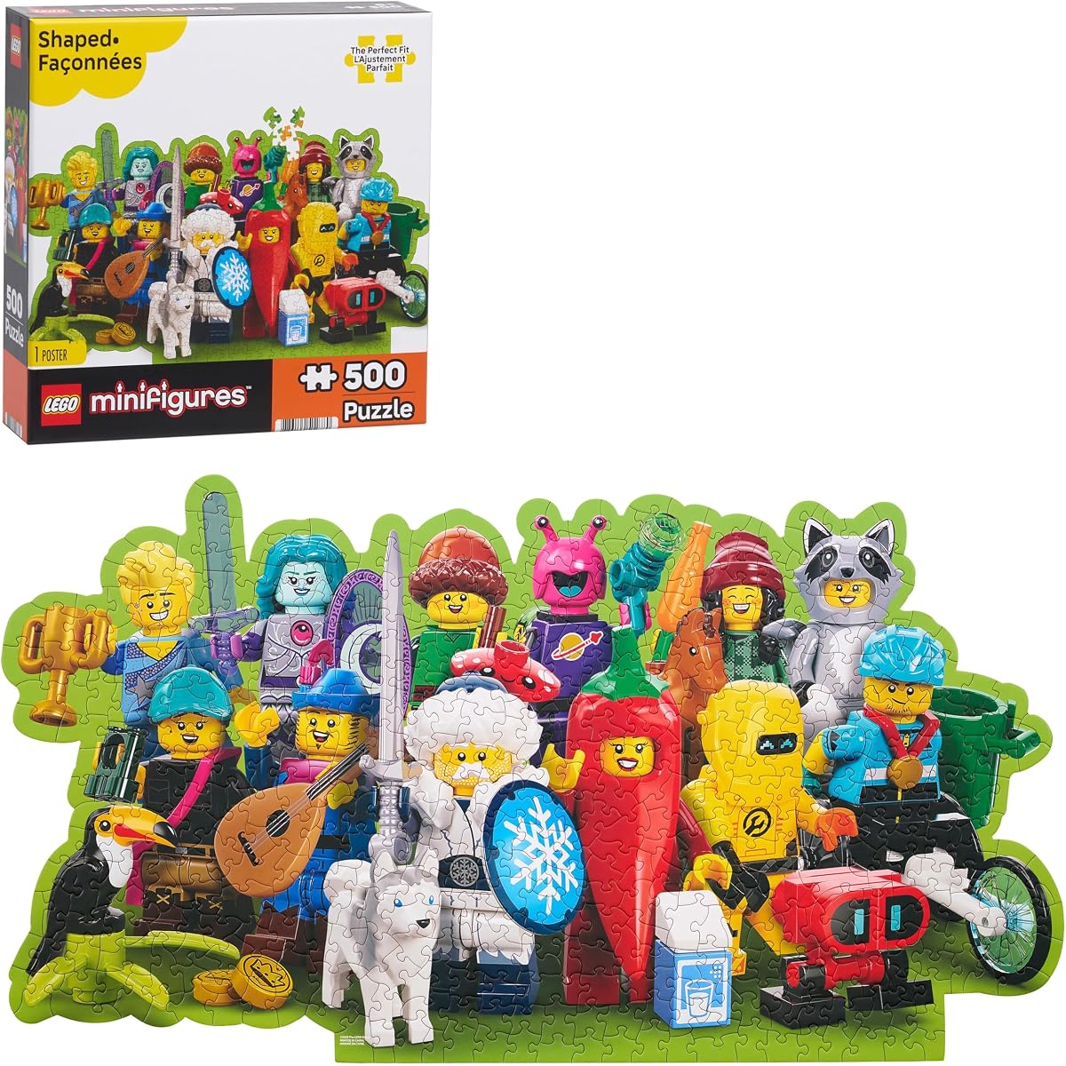 Rompecabezas de collage de minifiguras LEGO® 500 piezas | Rompecabezas de collage con formas, troquelado, de 24,79 x 13 pulgadas, con póster, regalo para fans de LEGO® para niños y adultos, a partir de 8 años