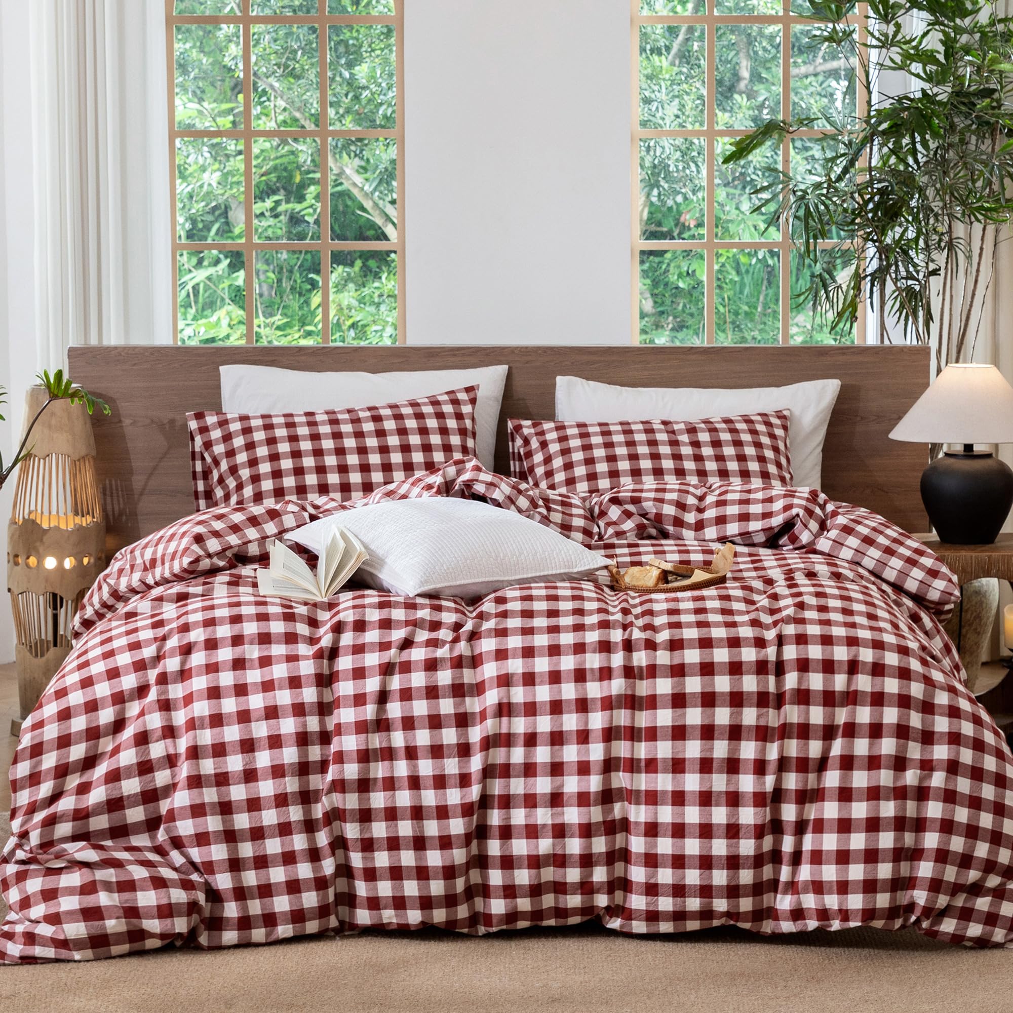 MooMee Gingham Duvet Cover Set 100% Washed Cotton Linen Like Queen
