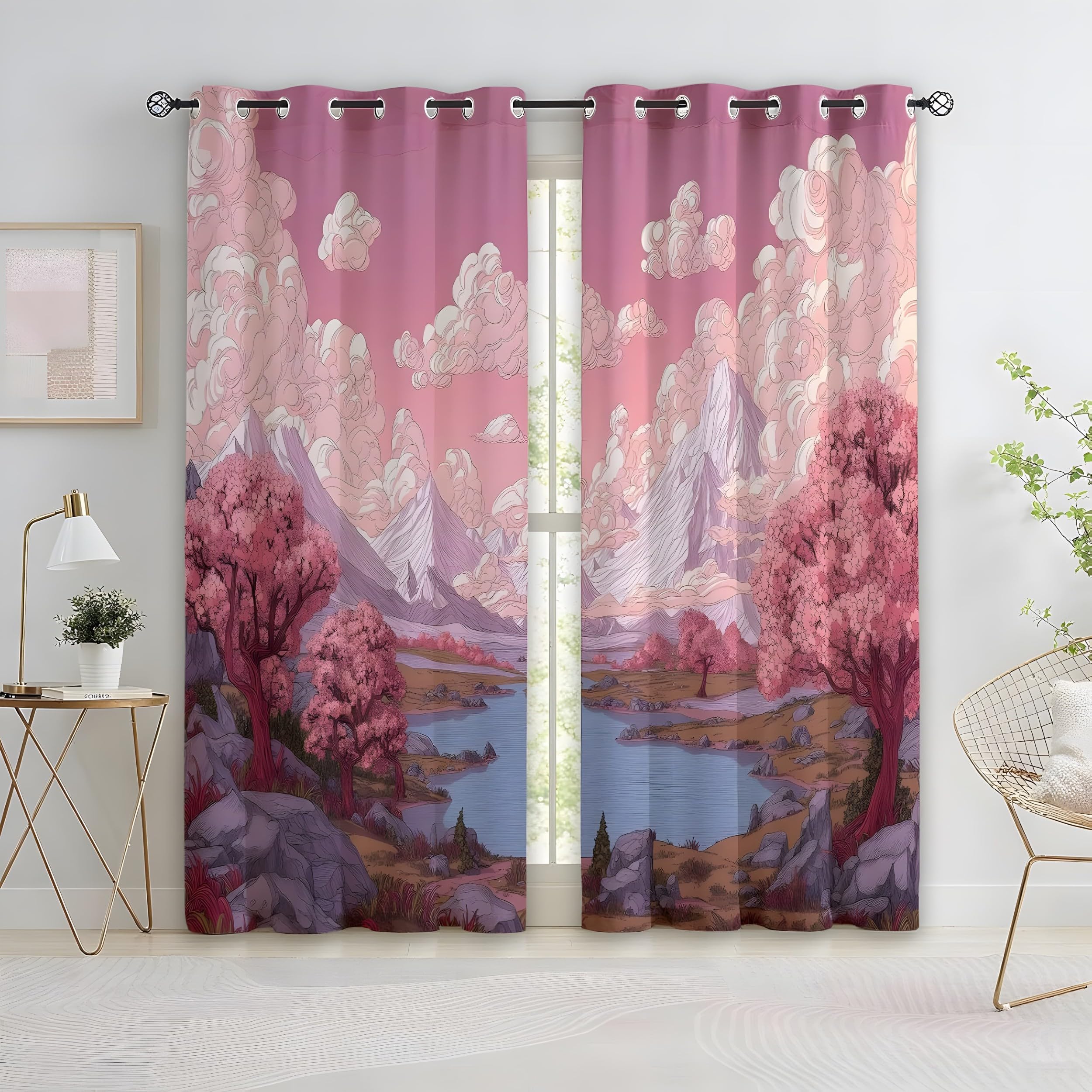 YZQGLHP Pink Mountains Curtains, W 46" x L 54" (117 x 137 cm), Lakes and Trees Blackout and Heat-Insulating Curtains, Curtain 2 Pieces in a Pack, Suitable for Bedrooms and Living Rooms