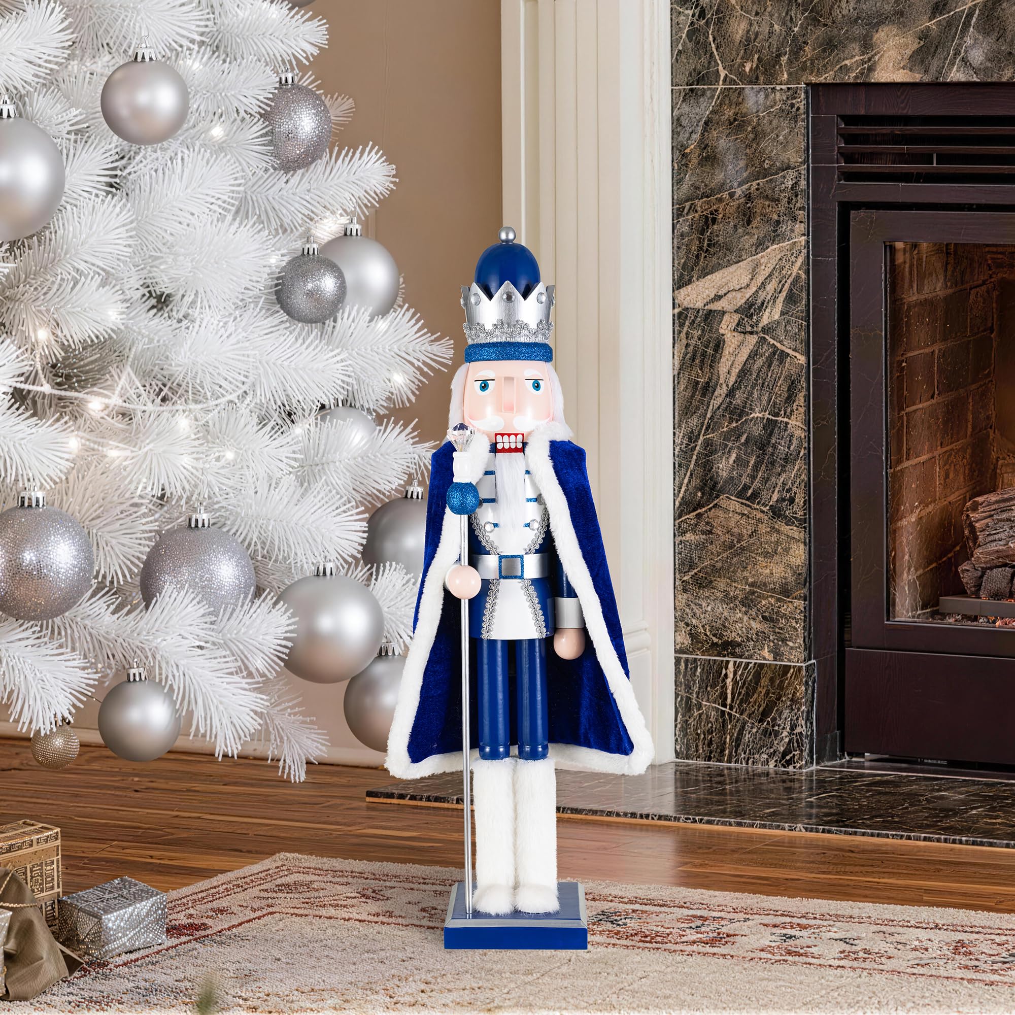 Glitzhome 24" H Wooden Christmas Nutcracker Ornaments Blue King Nutcracker Figurine Christmas Table Decor Traditional Christmas Decor for Tables Desktop Porch Holiday Festive