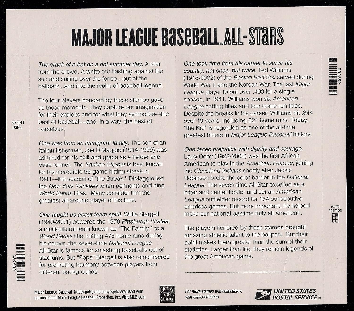 USPS Forever Stamps Baseball All Stars - sheet of 20 postage stamps (Willie Stargell, Larry Doby, Ted Williams, Joe Dimaggio)