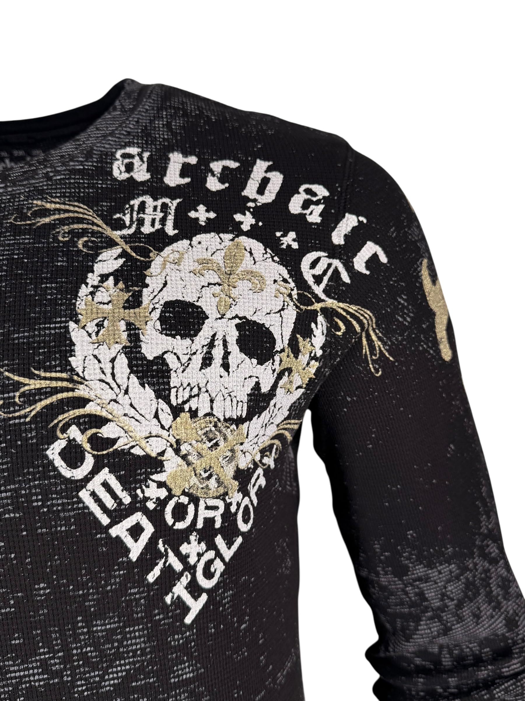 Archaic by Affliction Męska koszulka termiczna z długim rękawem, czarna, czaszka i skrzydła, projekt graficzny