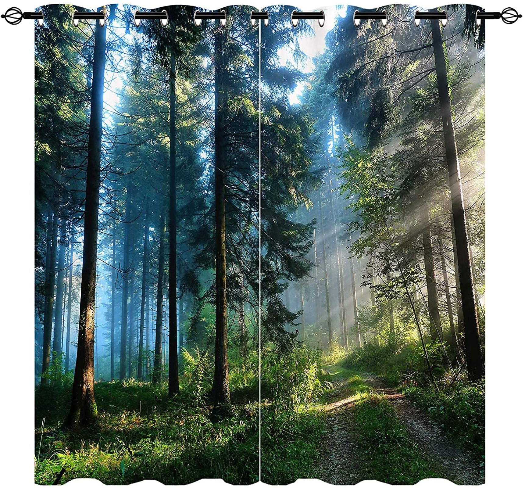 LKCD Cortina Opaca Termica, Bosque Paisaje Natural Niebla Bosque Sol Árbol 140X160Cm 2 Piezas Cortinas Salon Moderno Aislantes Frío Calor Luz, Cortina Corta para Ventana Oficina Habitacion Dormitorio