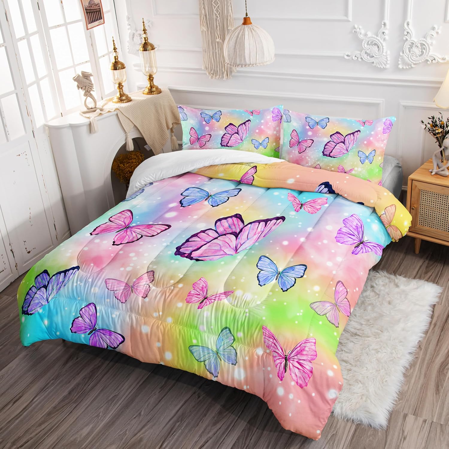 Rainbow Bedding Set with 1 Comforter and 2 Pillowcases for Boys and Girls Bedroom - Watercolor Butterfly Full - Image 3