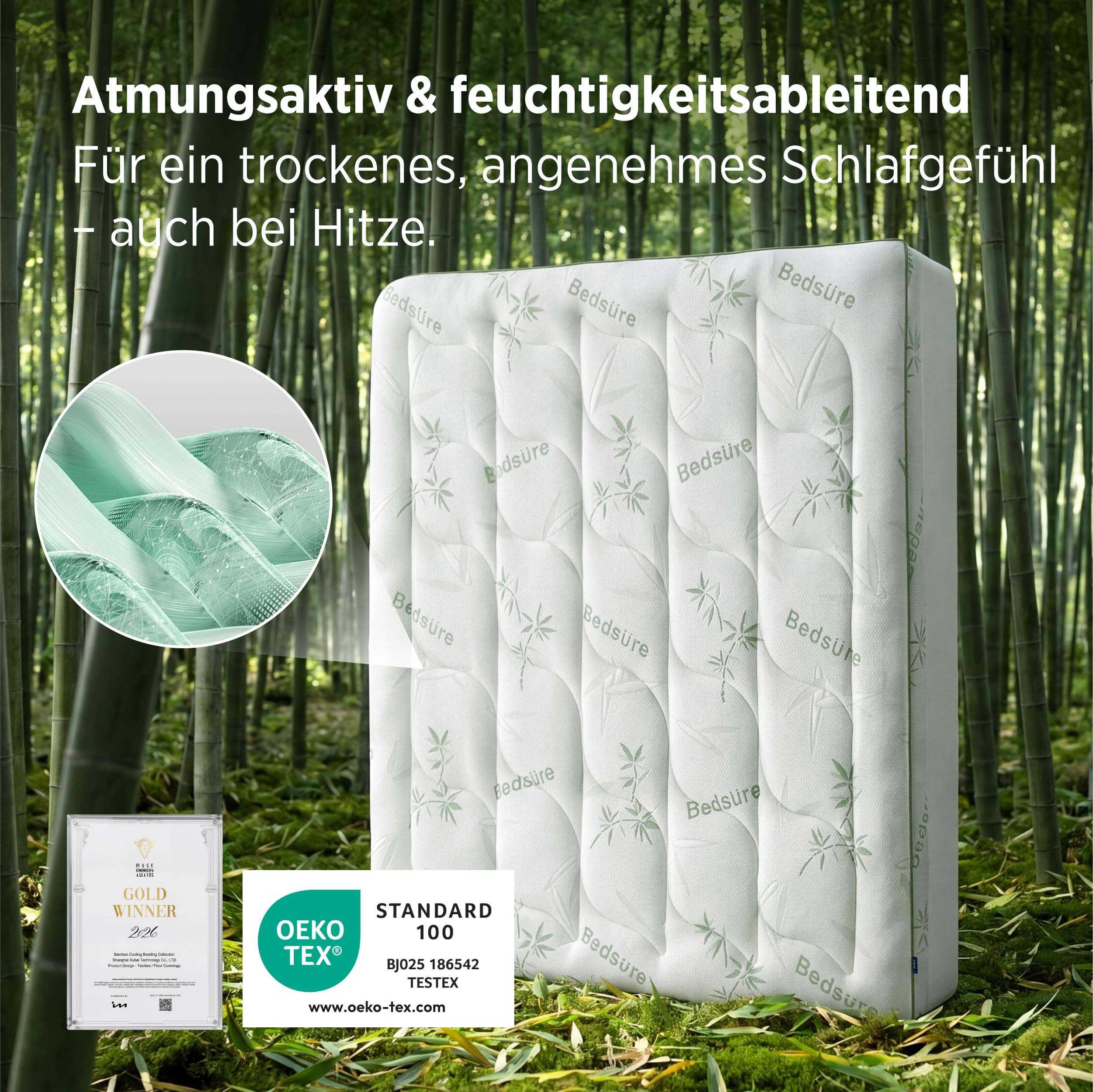 BEDSURE Matratzentopper 180x200 Matratzenschoner Bambus - Matratzenauflage 600GSM Gepolstert für bis 40 cm Höhe kühlend Atmungsaktiv Öko-Tex 100 Allergiker Geeignet bei Rückenschmerzen rutschfest