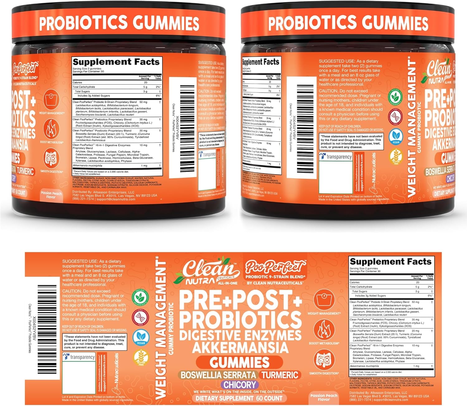 Clean Nutra Prebiotic Postbiotic Digestive Enzymes Gummies with Chicory Root, Boswellia Serrata, Turmeric, and Akkermansia | Pre+Post Probiotics Supplement | 60 Count Gummy | PooPerfect - Image 8