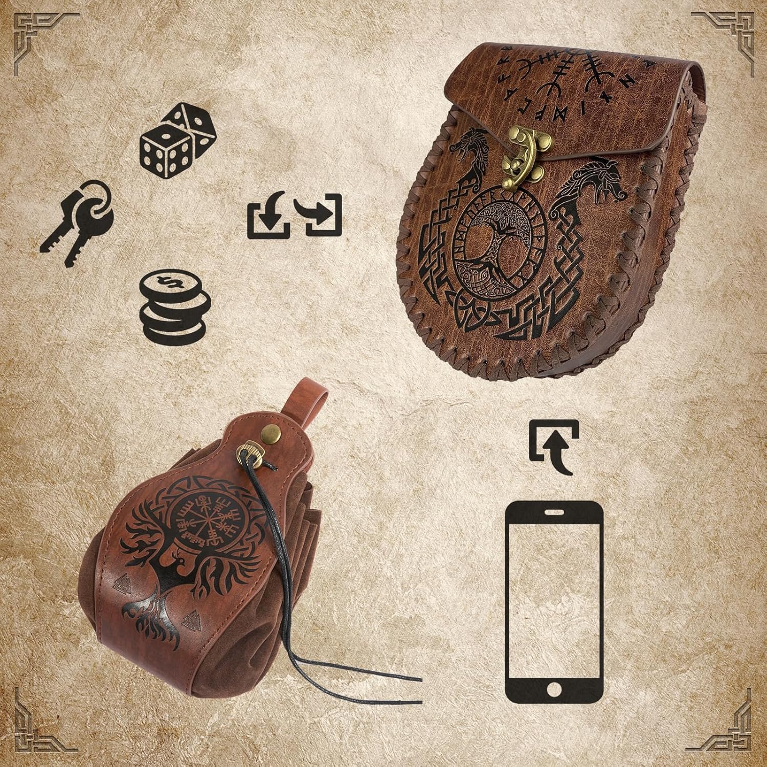 3PCs Medieval Embossed Belt Pouch Set, Viking Buckle Belt Portable Side Bag, Faux Leather Cosplay Accessories (Brown B) - Image 3