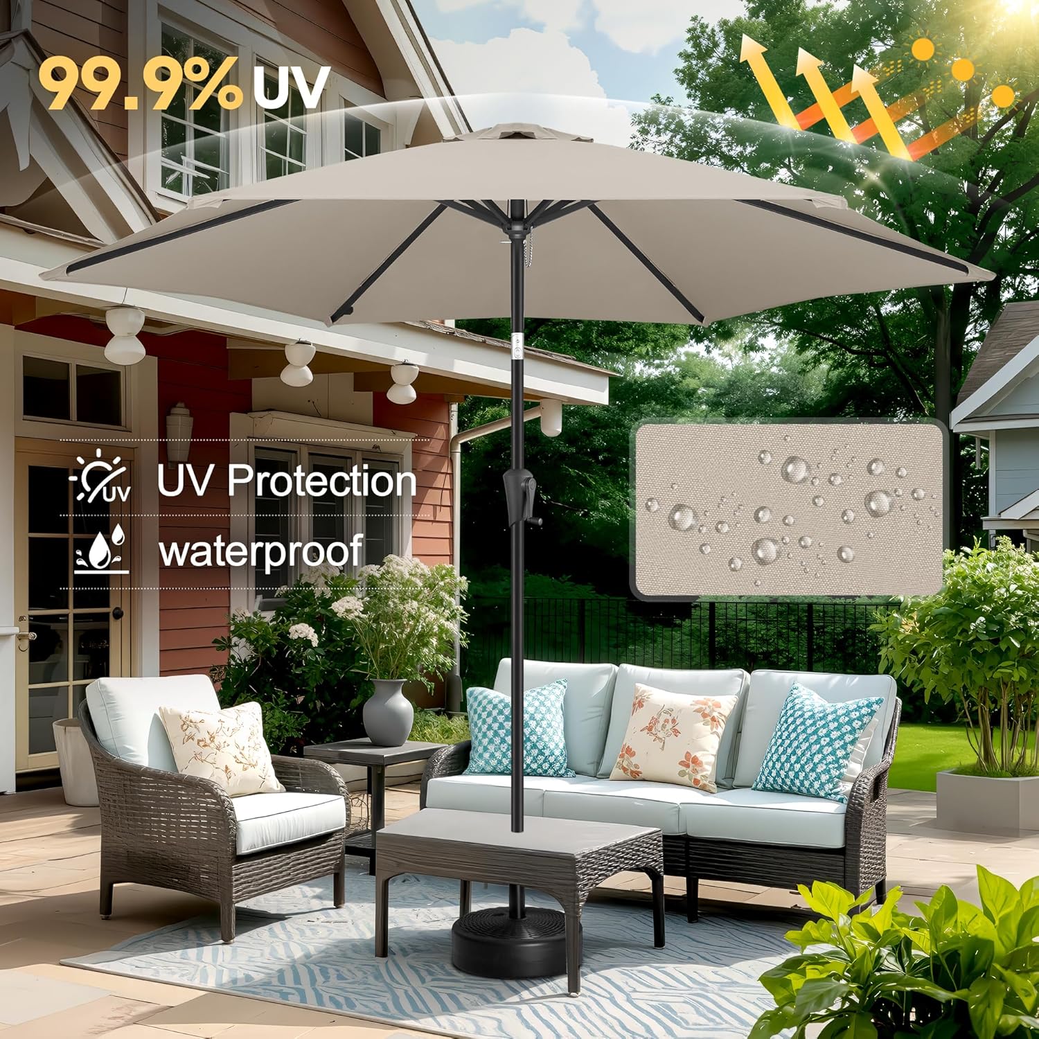 FLAME&SHADE 10ft Patio Umbrella with Cover Set, Outdoor Umbrella with 6 Heavy-duty Ribs, Patio Umbrella Cover for 7.5 ft 9 ft 10 ft 11 ft (Beige)