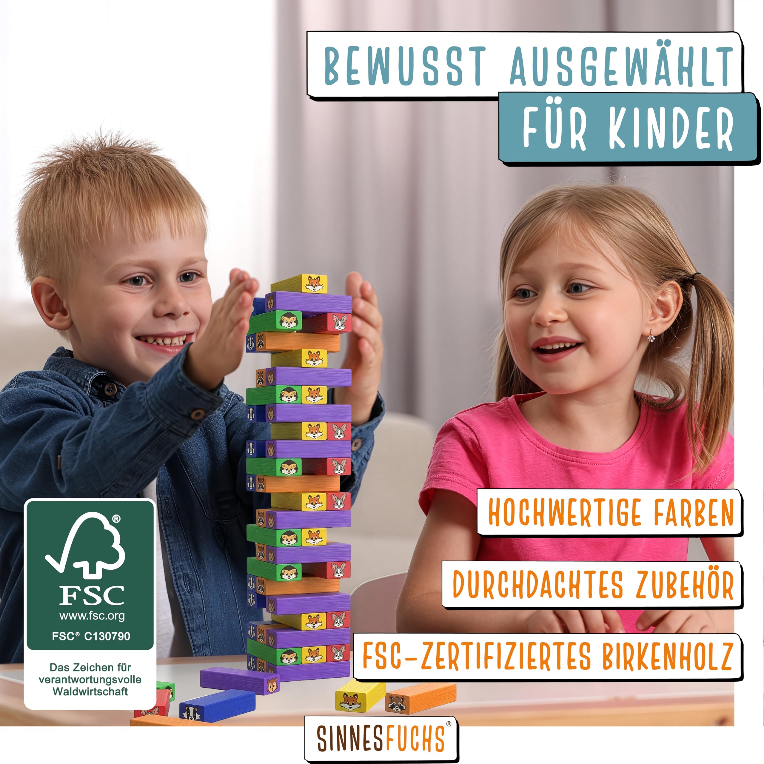 Wackelturm Holz - FSC® 100% Holzspielzeug ab 3 Jahre - kreatives 7 in 1 Lernspielzeug - Stapelspiel Holz Spielzeug - Geschicklichkeitsspiele ab 4 Jahre - Kinder Junge & Mädchen Turm Spiel