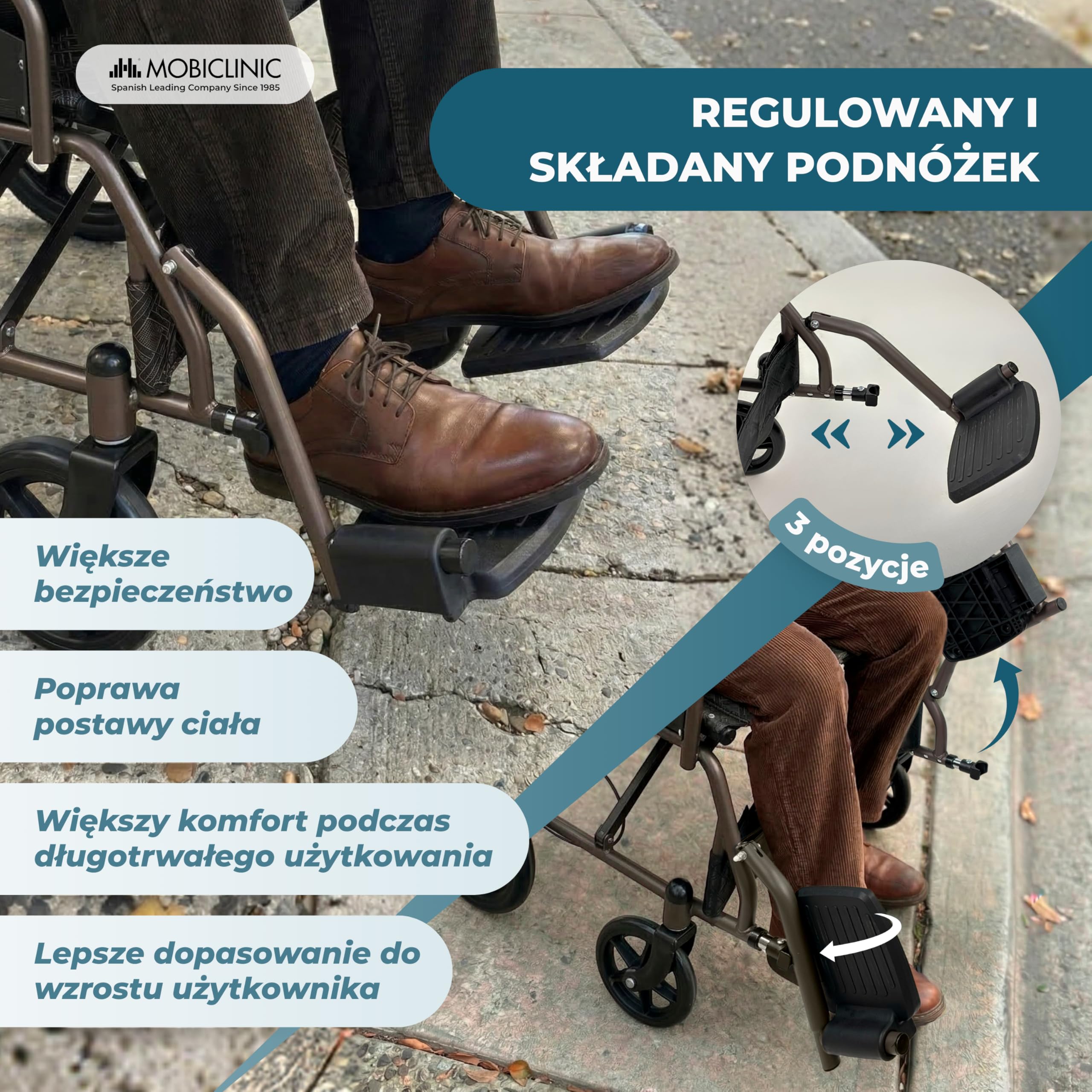 Mobiclinic®, Składany Wózek Inwalidzki, z Oparciem i Podnóżkiem, Podwójny System Hamulcowy, Wyściełane Podłokietniki, Stalowy, Lekki i Kompaktowy, Kefren