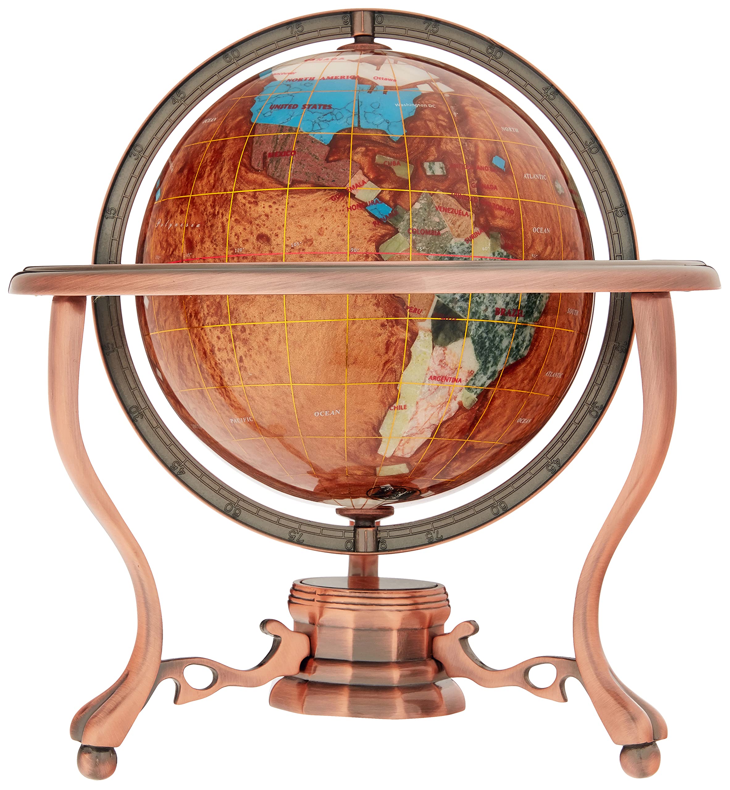 Unique Art 10-Inch Tall Table Top Amberlite Pearl Swirl Ocean Gemstone World Globe with Copper Tripod Stand