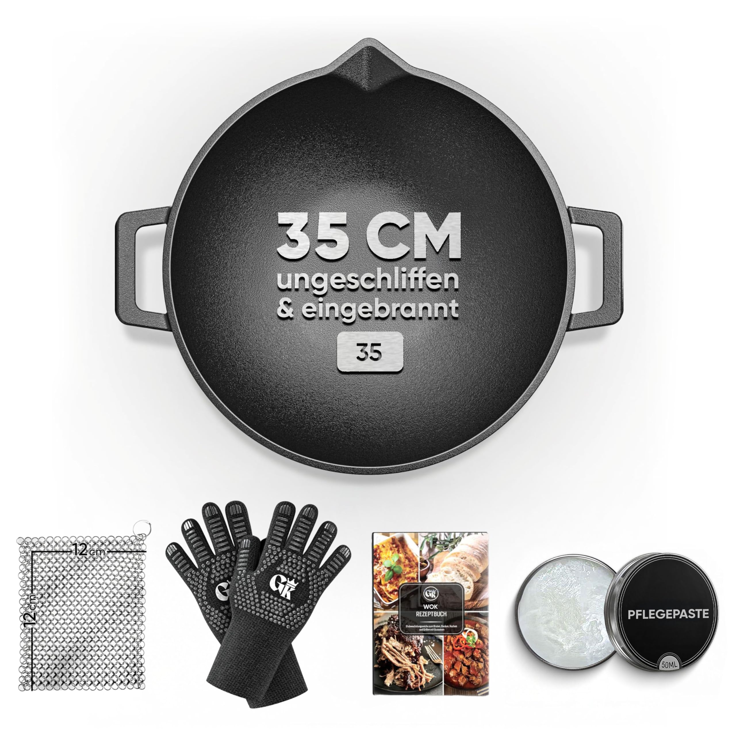 GUSSKÖNIG Gusseisen Wok Pfanne - 35 cm robuste Wokpfanne für Gasgrill, Herd, Ofen und Lagerfeuer- Gusseisen Wokpfanne inkl. Pflegepaste, Ringreiniger, Grillhandschuhe & Rezeptbuch - 30 Jahre Garantie