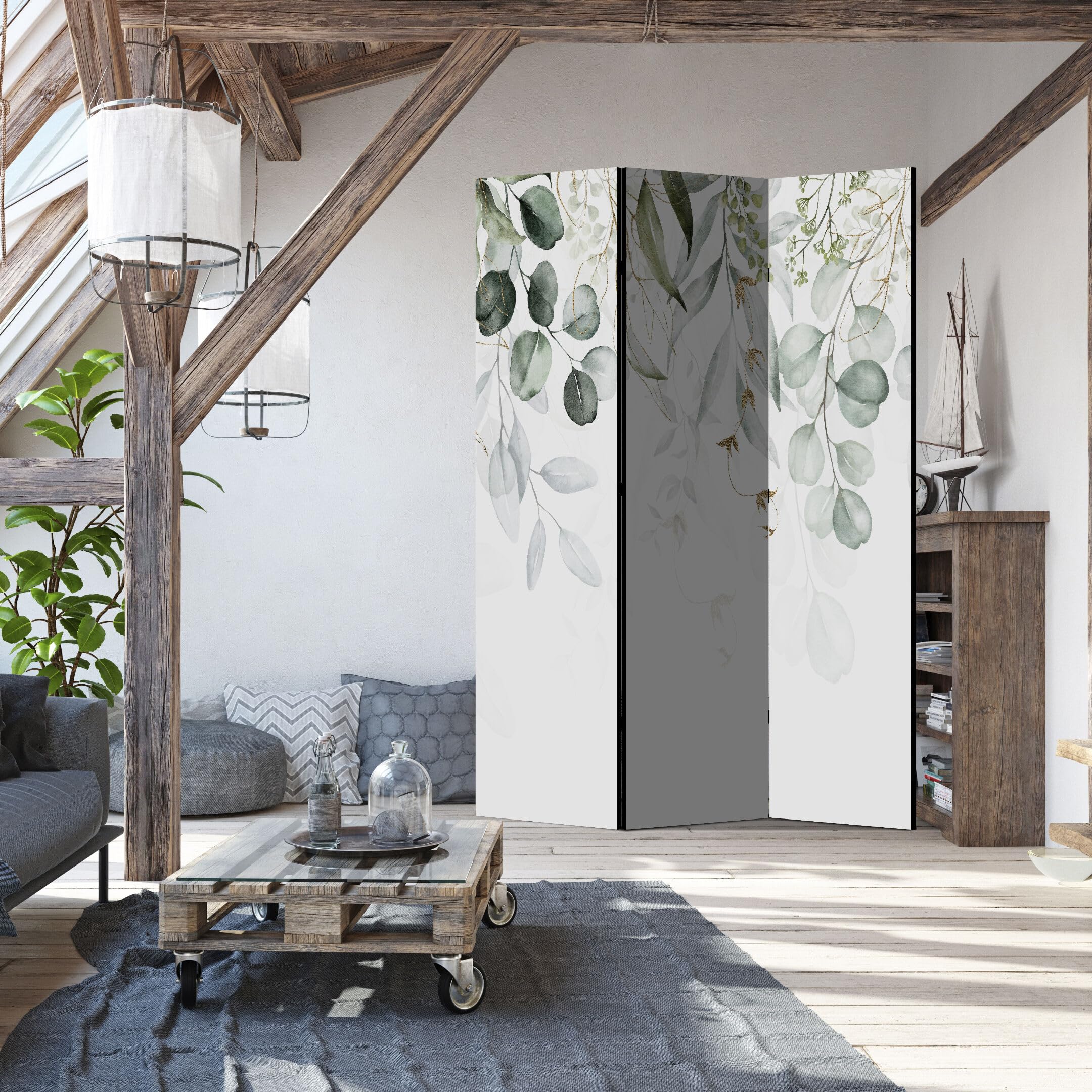 Separe Divisorio Interno Monofacciale - Paravento da Interno 3 Pannelli Divisorio per Ambienti - Divisori per Interni con Motivo Eucalipto - 135x172 cm