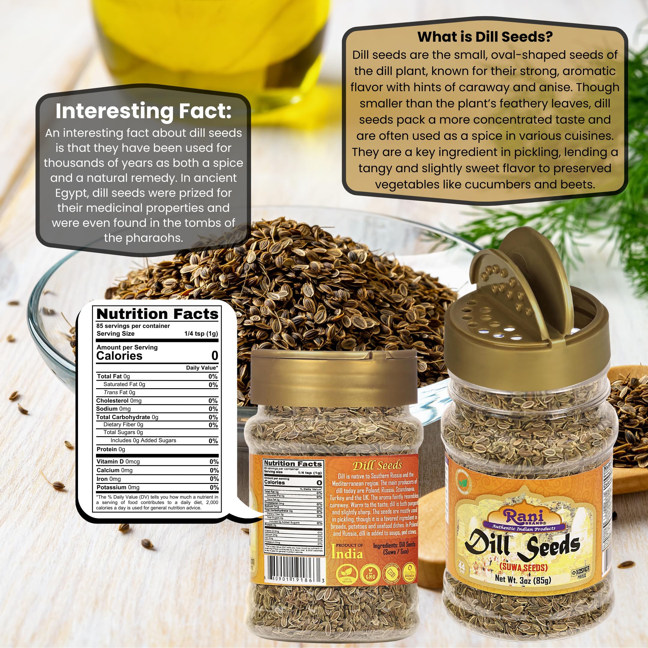 Rani Dill Seeds (Suwa/Sua) Whole, Spice 3oz (85g) PET Jar ~ All Natural | Gluten Friendly | NON-GMO | Kosher | Vegan | Indian Origin, Weed