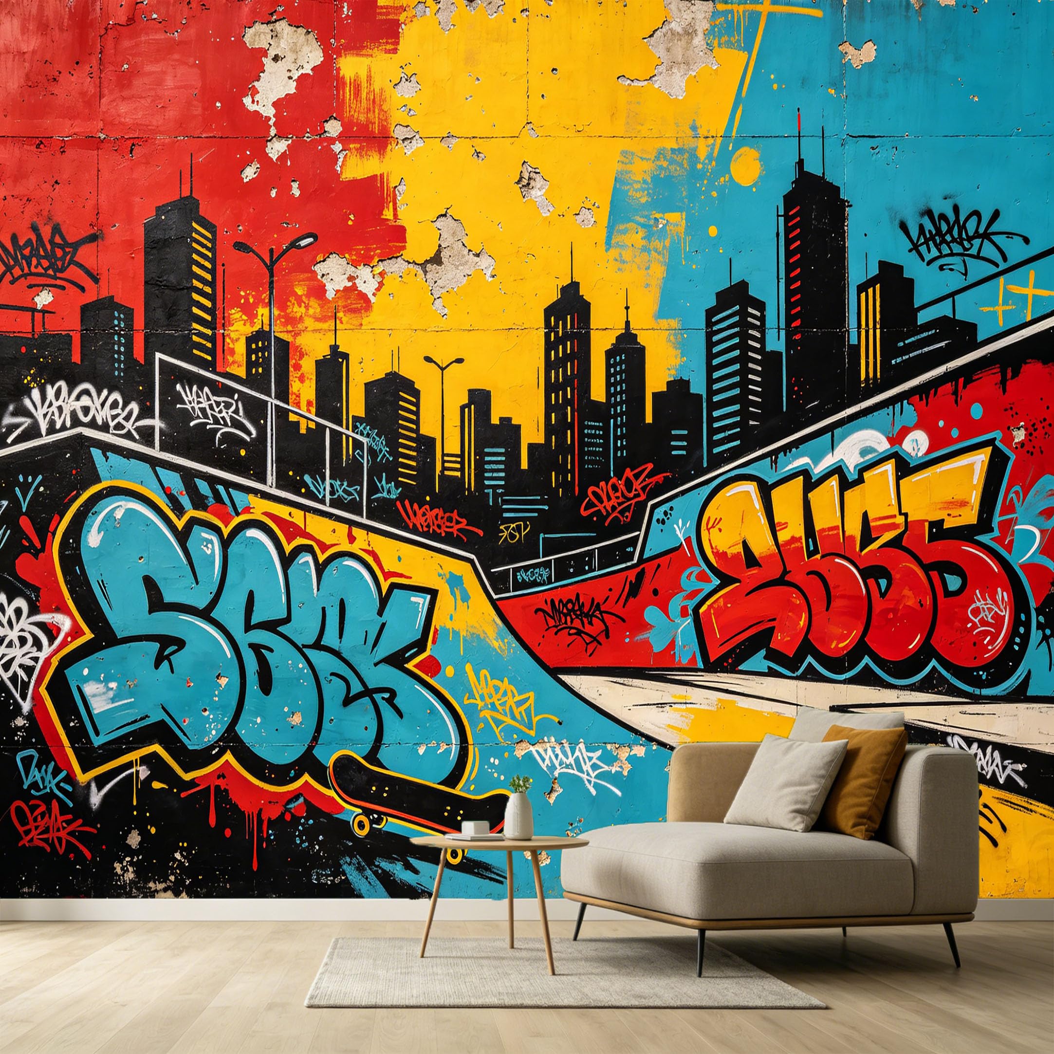 Custom Size Wall Murals Abstract Urban Graffiti Cityscape Skateboard Street Art Modern Contemporary SelfAdhesive Wall Fabric Removable Large Wallpaper for Photo Living Room