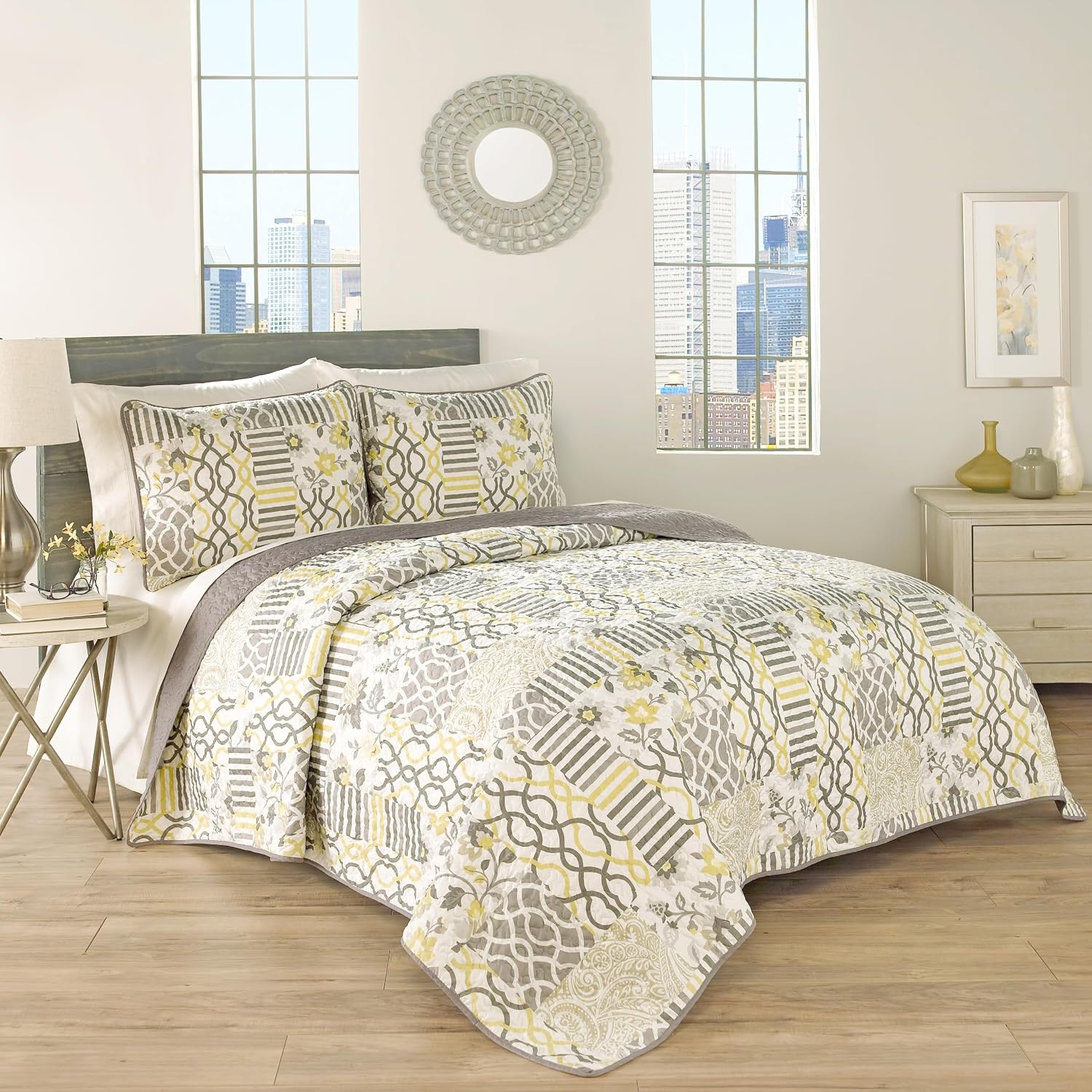 Waverly Traditions Set in Spring 3 Piece Quilted Pattern Bedding Set, King Bed Set with 2 Pillow Shams and Quilt, All Season and Machine Washable King Quilt Bedding Set, Sterling