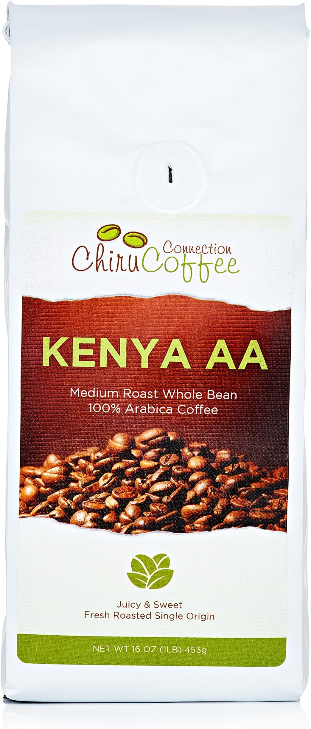 Chiru Coffee Connection Fresh Roasted Kenya's Finest AA Roasted Whole Bean Arabica Coffee, 16 oz, Bag 1 lb