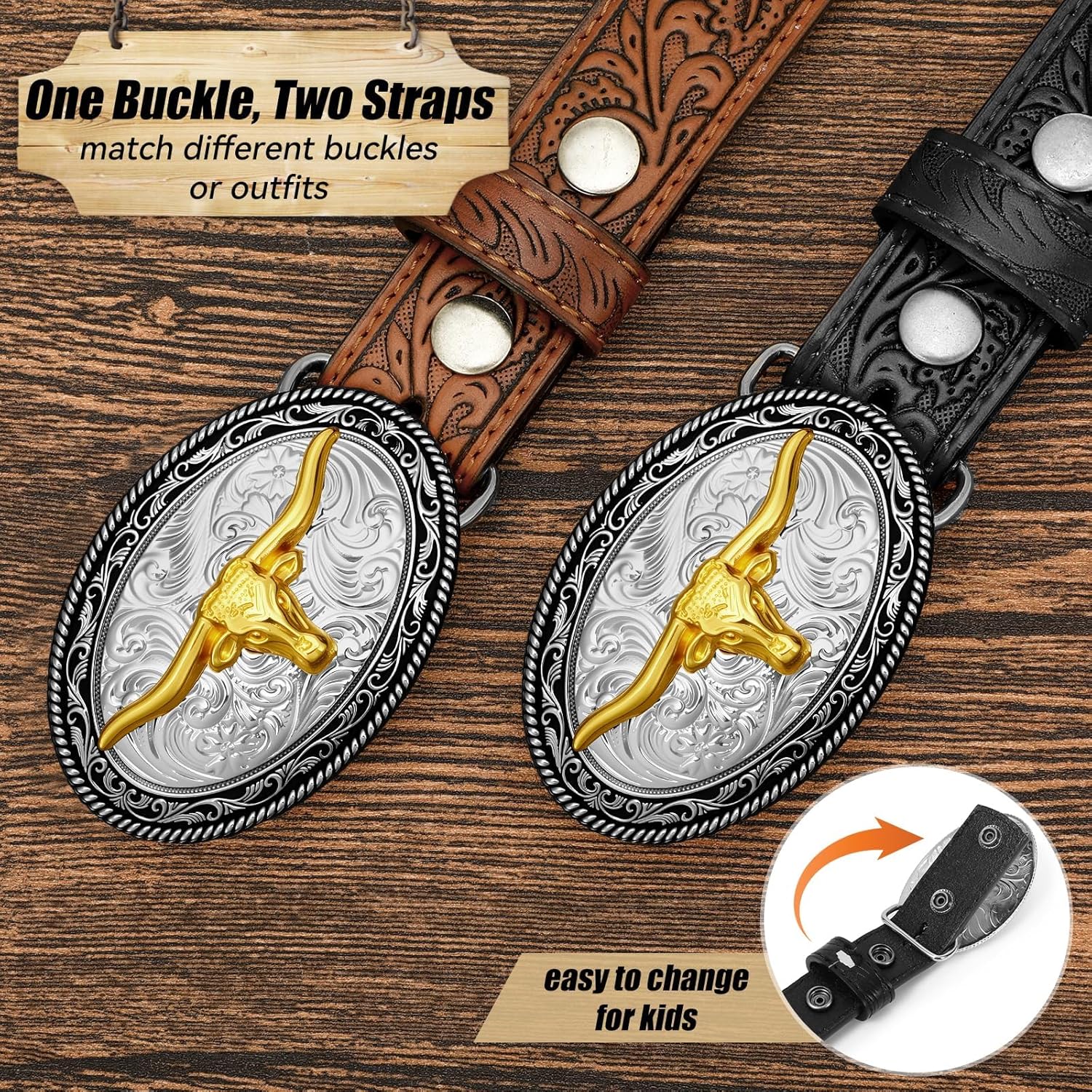 Kids Cowboy Cowgirl Belt, Western Genuine Embossed Leather Belt Bull Horse Eagle Buckle for Gift Daily Costumes