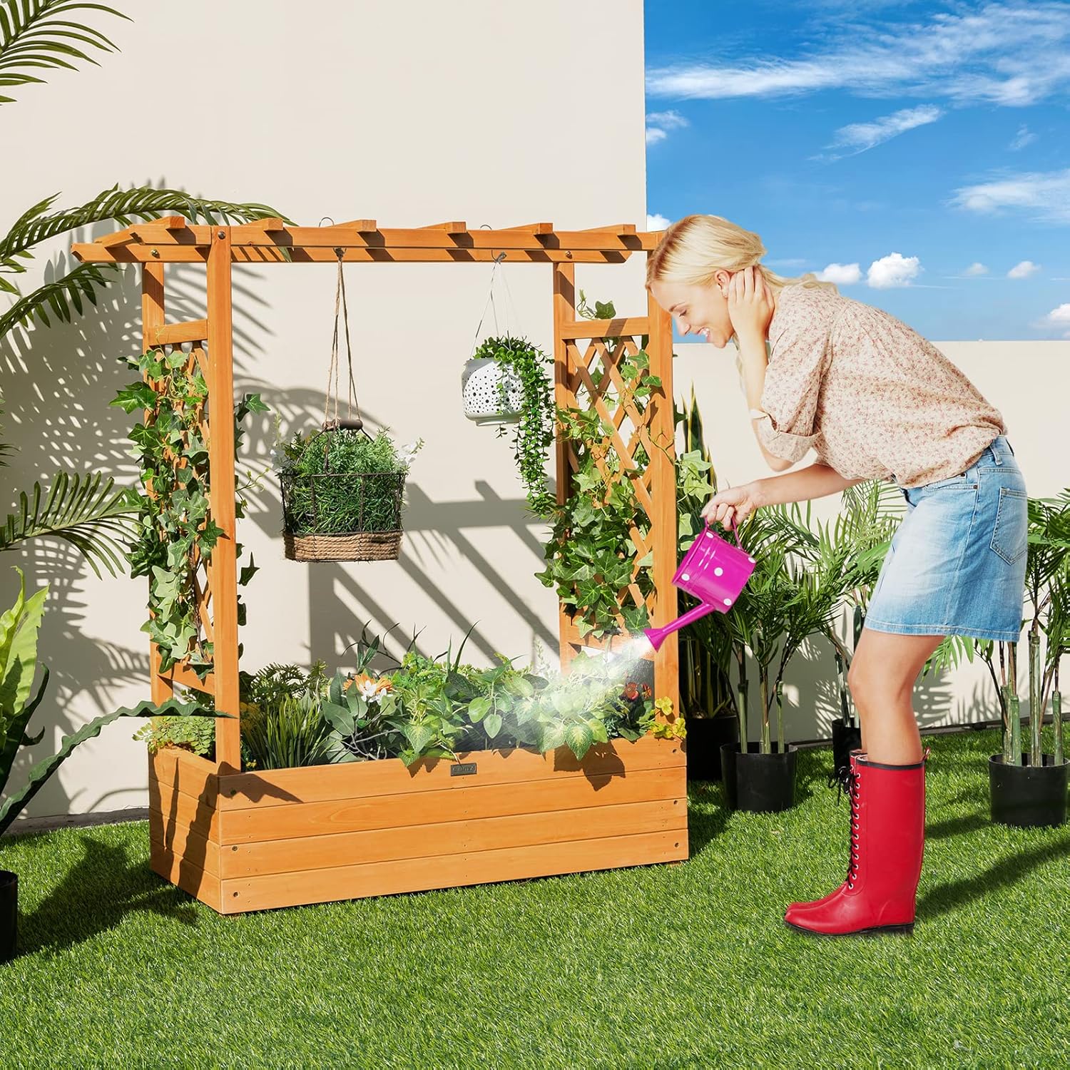 Giantex Raised Garden Bed with Trellis, Wood Planter Box with Roof & Side Trellis, Drain Holes, Elevated Raised Bed with Trellis for Climbing Plant and Pot Hanging, Indoor Outdoor Patio Balcony