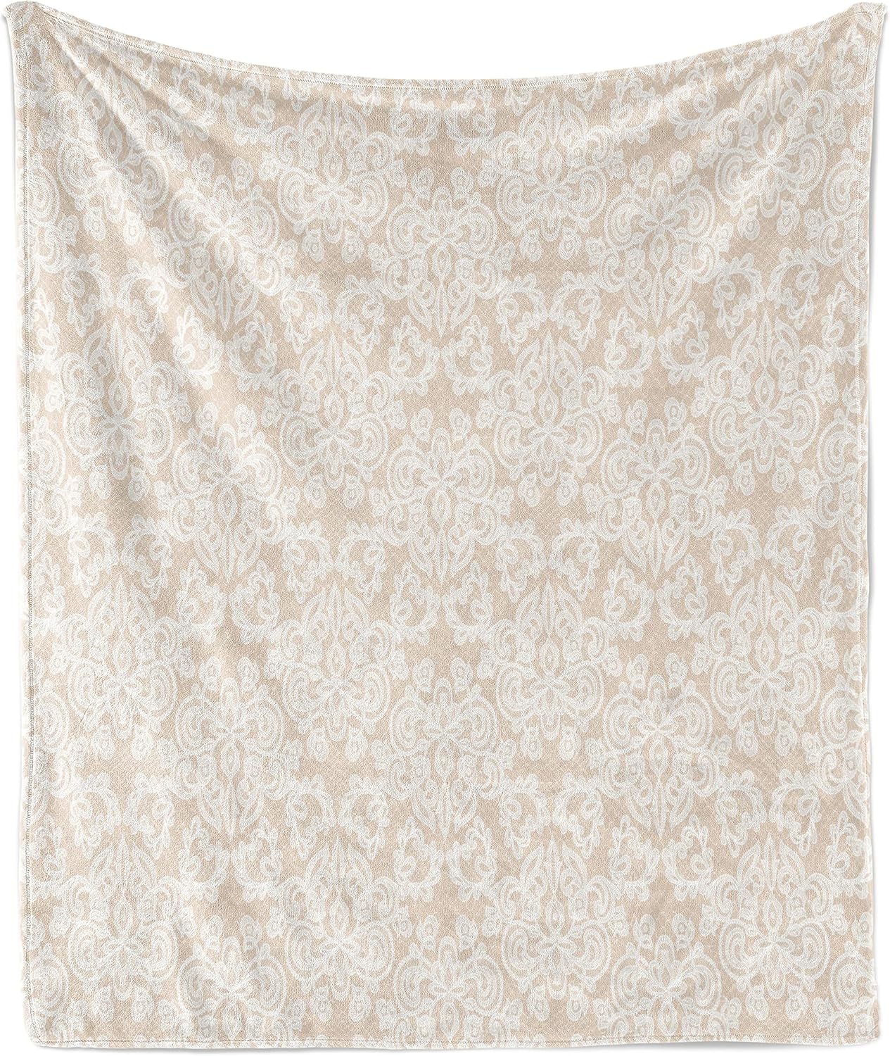 Lunarable Damask Throw Blanket, Wedding Inspired Symmetrical Design White Lace Style Background Pattern Vintage, Flannel Fleece Accent Piece Soft Couch Cover for Adults, 60" x 80", White and Tan