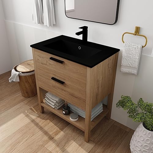 Miniatura 3 de SSLine Tocador de baño independiente con fregadero, moderno tocador de baño de 30 pulgadas con lavabo superior y cajones de almacenamiento, tocador