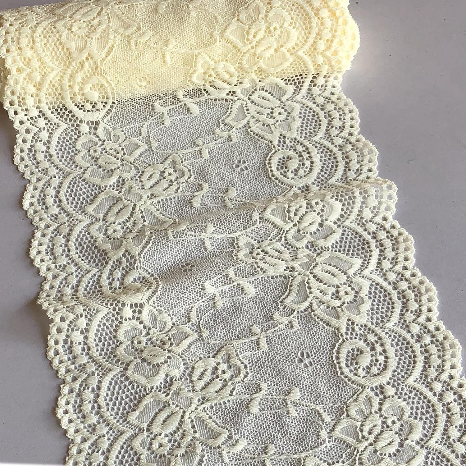 Lace Realm LaceRealm 7 Inch Wide Floral Stretchy Lace Elastic Trim Fabric for Garment and DIY Craft Supply- 5 Yard (7018 Ivory)