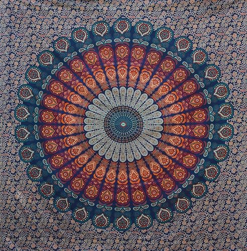 Miniatura 4 de Tapiz hippie indio bohemio psicodélico azul dorado pavo real mandala colgante en la pared (azul dorado, póster (29.9 x 39.8 in)