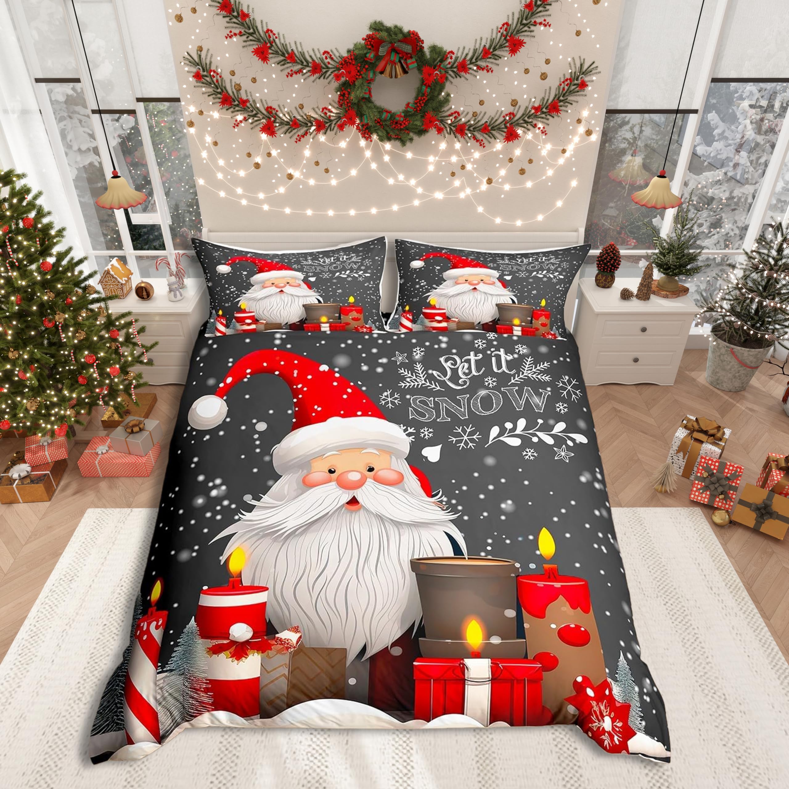 Christmas Duvet Cover Set King Size Santa Claus with Candles and Gift Boxes Print Bedding Set 3pcs for Kids Boys New Year Theme Comforter Cover Winter