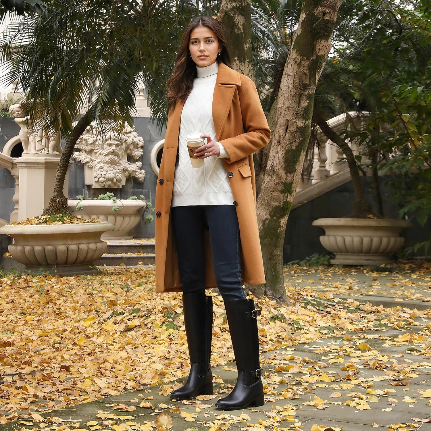 Wide Calf Riding Boots for Women Knee High Tall Boots Faux Leather Suede Panel Stretchy Back Adjustable Buckle Low Block Heel Dress Fashion