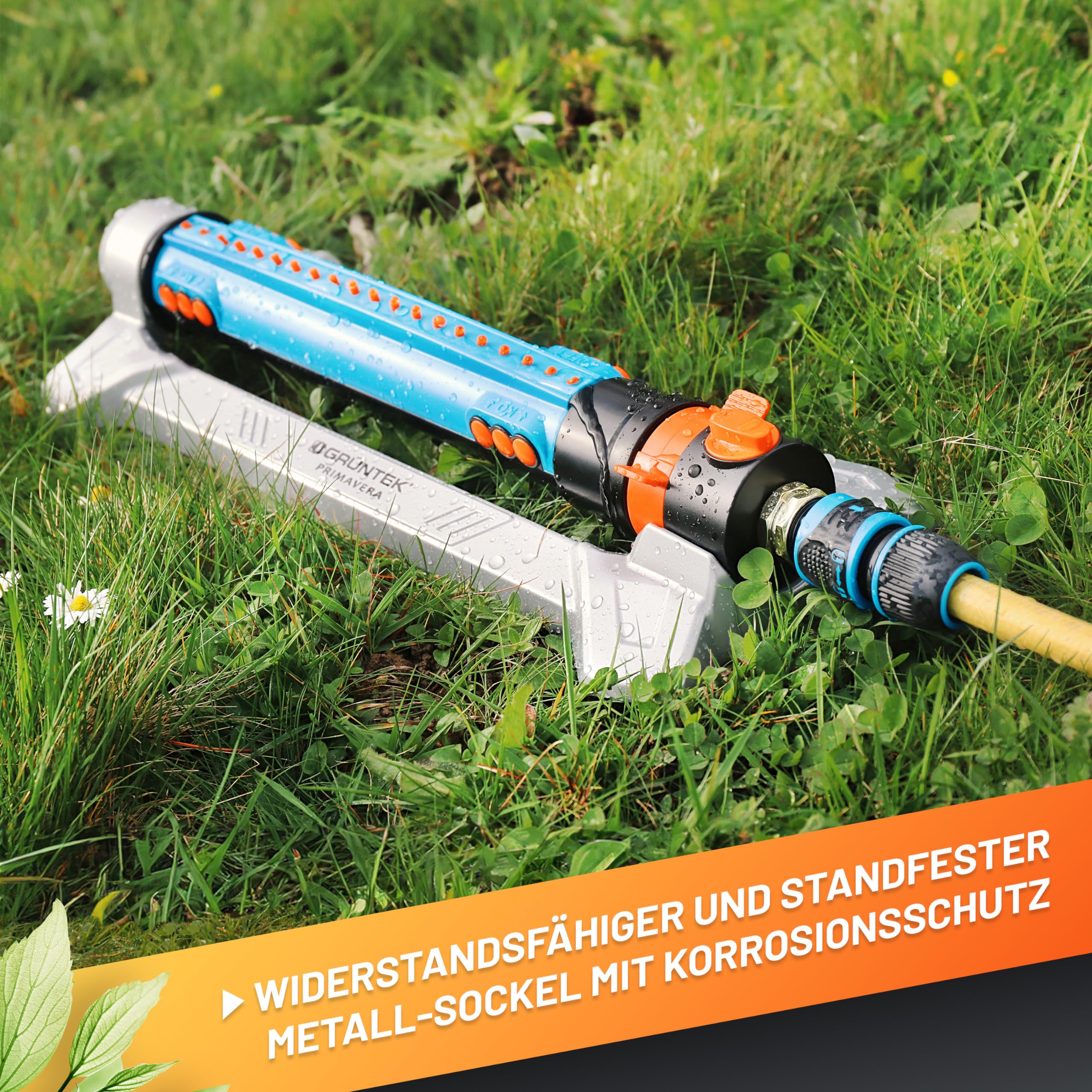 GRÜNTEK Metall Oszillations-Rasensprenger, Beregner mit flexiblem Bewässerungsbereich, Rasen-Sprenger, Sprinkler mit Turbo-Motor, bis 462 m²