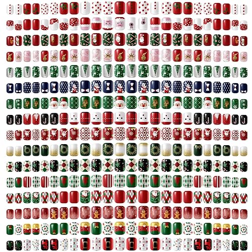 Miniatura 8 de Paquete de 384 uñas postizas con patrón de copo de nieve de alce de Papá Noel para mujer, pegamento corto cuadrado de Navidad en uñas artificiales