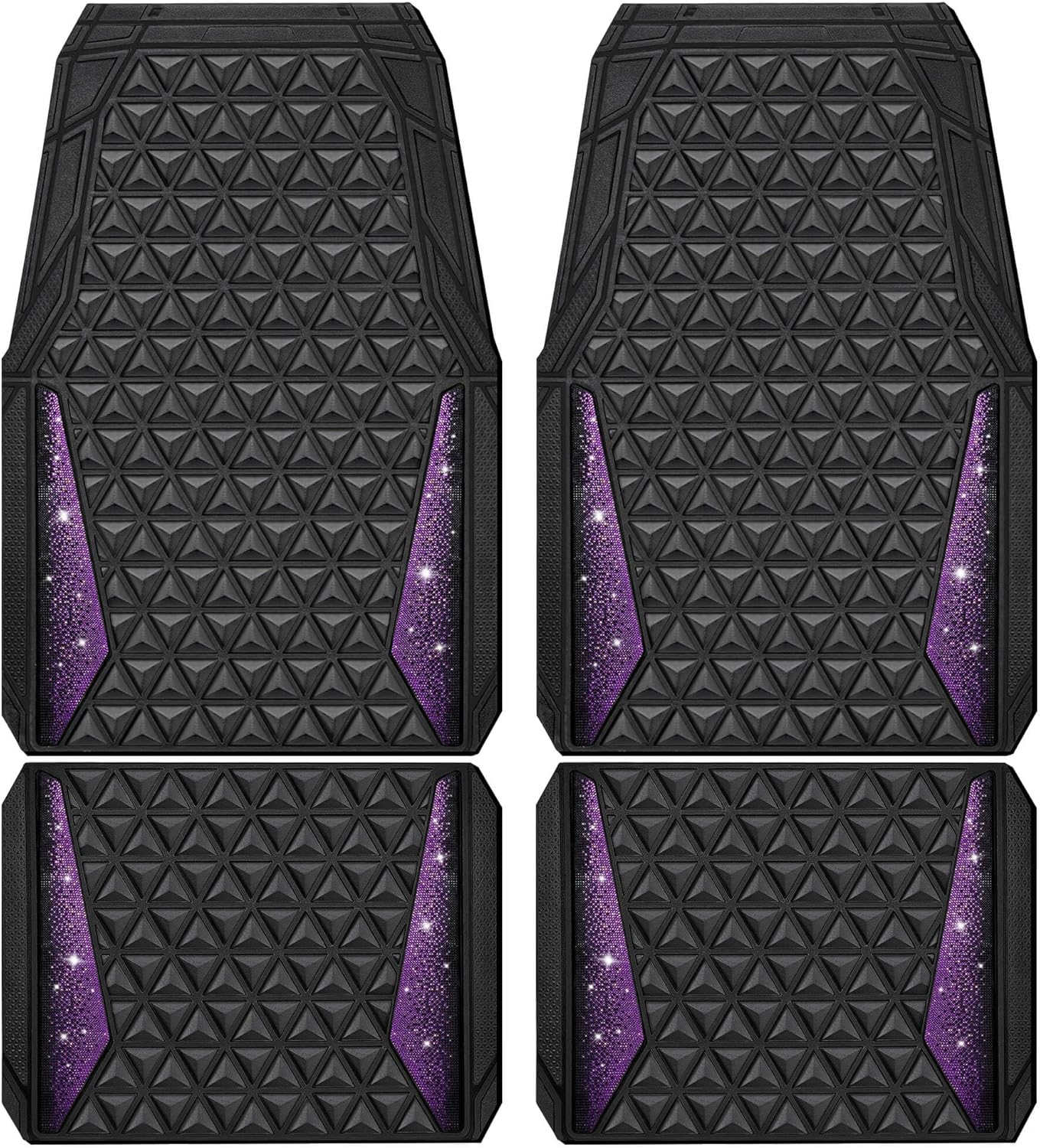 CAR PASS Bling Rubber Car Mats Diamond Floor Mats Full Set Anti-Slip 3D Rhombus Waterproof Universal Trim to Fit Liner Glitter Crystal Sparkly Shining Rhinestone Girl Women SUV Sedan Van, Black Purple