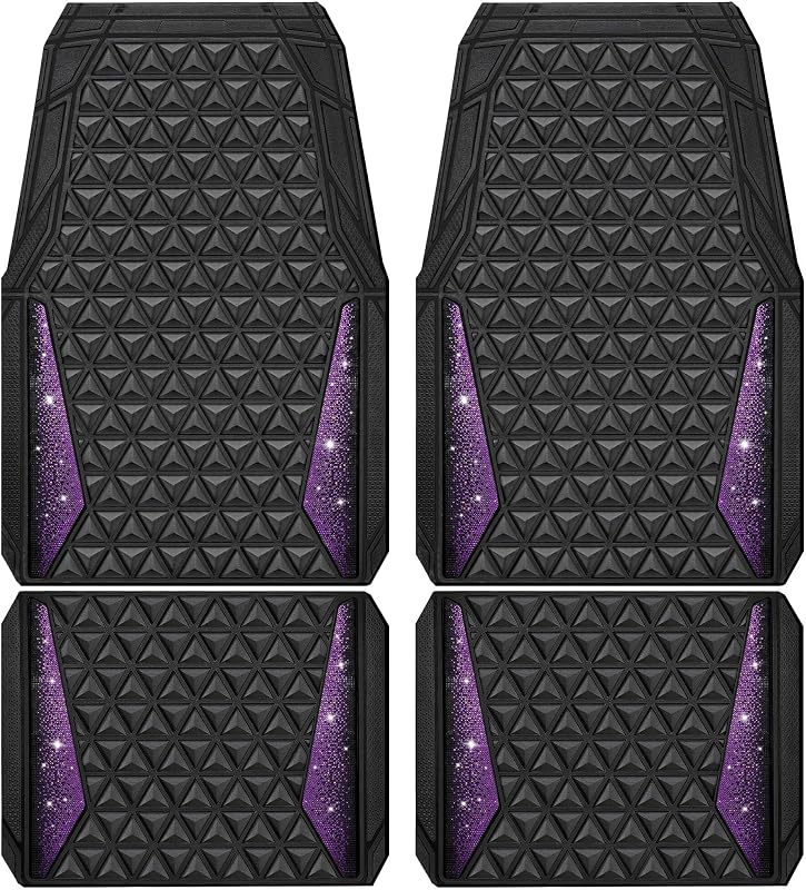 CAR PASS Tapetes Automotivos de Borracha com Detalhes de Diamantes Roxos, Ajustáveis e Antiderrapantes, Kit com 4 Peças