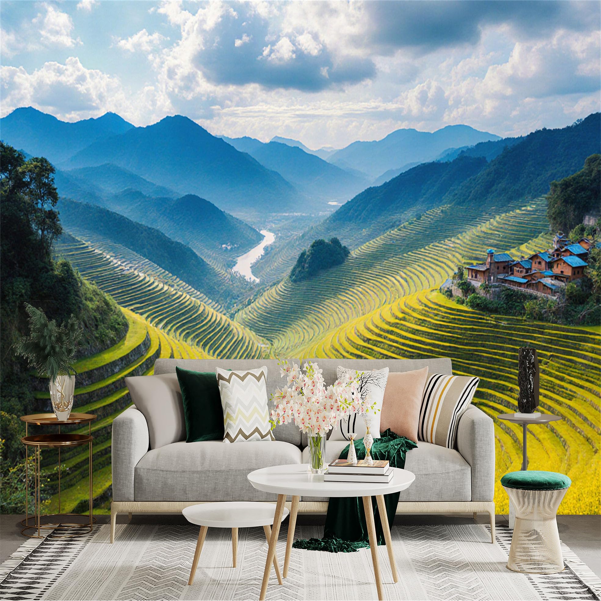 Custom Size Wall Sticker Mural， Mountain Terraces with Rice Fields， River Valley and Village Landscape， for wall Decoration， peelandstick wall Decals.