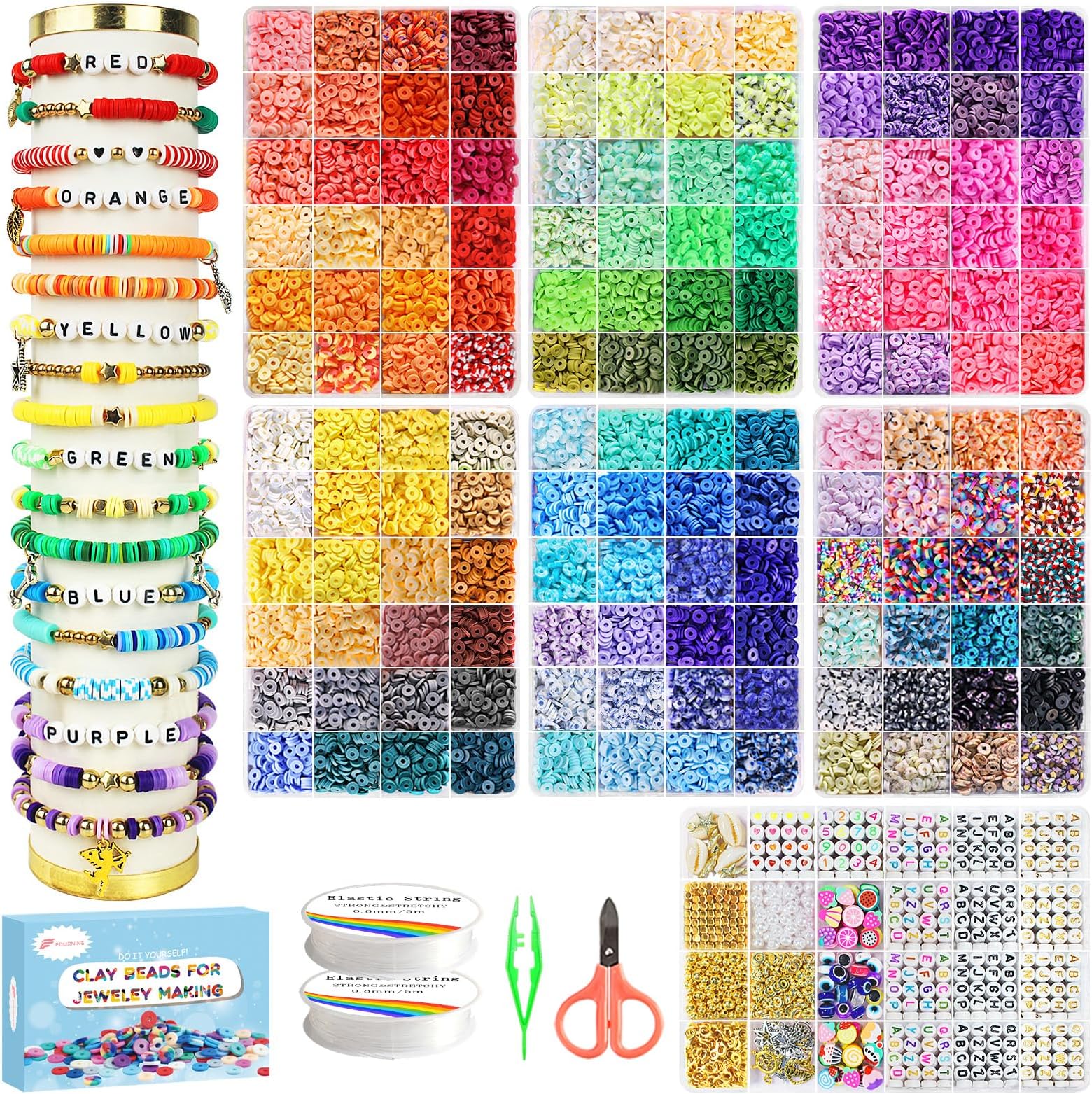Fournine 23000 Pcs 144 Colours 7 Boxes Clay Beads | Flat Polymer Heishi Beads Set for Jewellery Making Kit, Friendship Bracelet Making Kit DIY Craft Gifts for Teen Girls