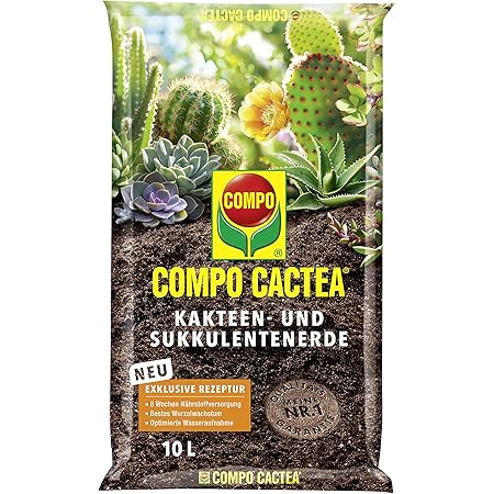 COMPO CACTEA Kakteen- und Sukkulentenerde mit 8 Wochen Dünger für alle Kakteenarten und dickblättrige Pflanzen, Kultursubstrat, 10 Liter