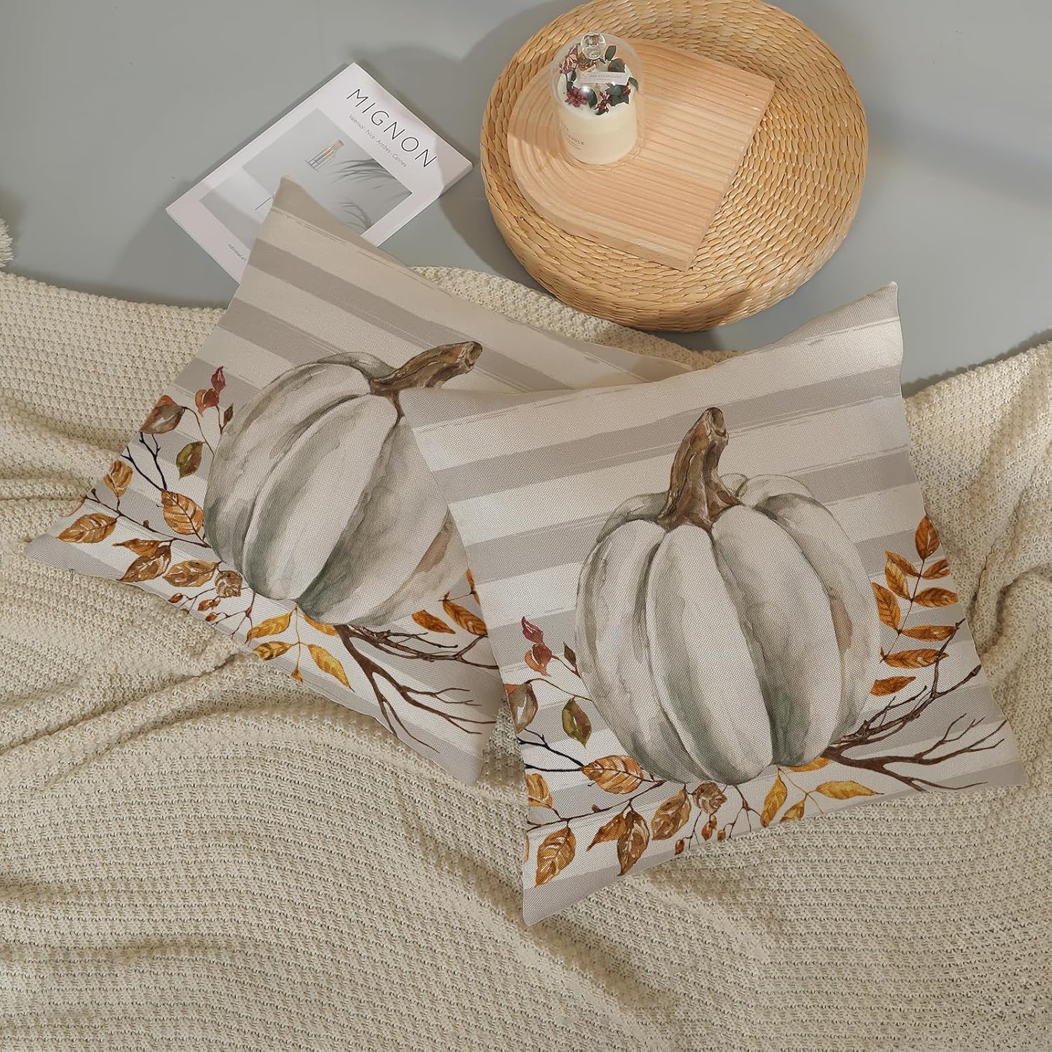 AGAYNA Fall Pillow Covers 24x24 Gray Stripes Pumpkin Decor Throw Pillows Case for Couch Maple Leaves Autumn Harvest Indoor Outdoor Decorative Cushion Cases for Sofa Bed Decorations Set of 2