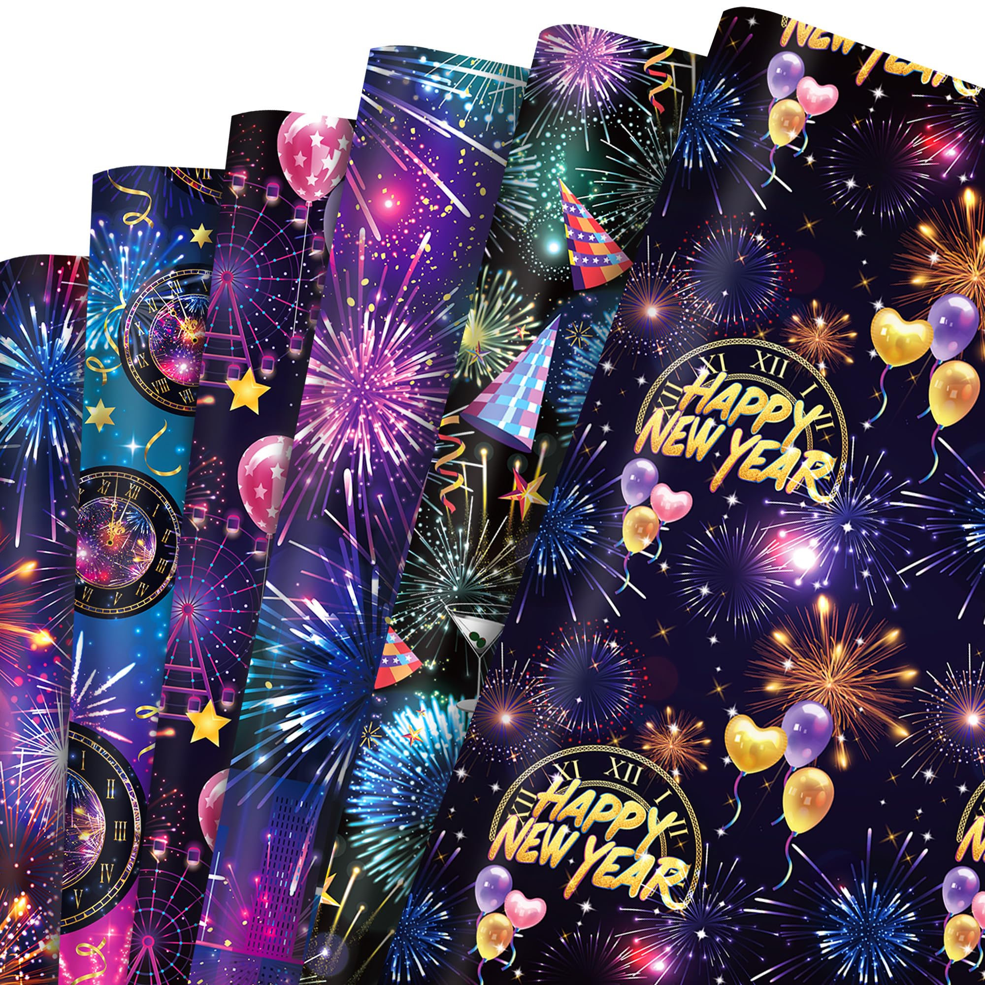 12x Geschenkpapier Neues Jahr Weihnachten Weihnachtspapier Feuerwerks Muster,Doppelseitig Bedrucktes Geschenkpapier 6 Arten Weihnachtspapier Blatt Wrapping Paper Neues Jahr,50 x 68 cm