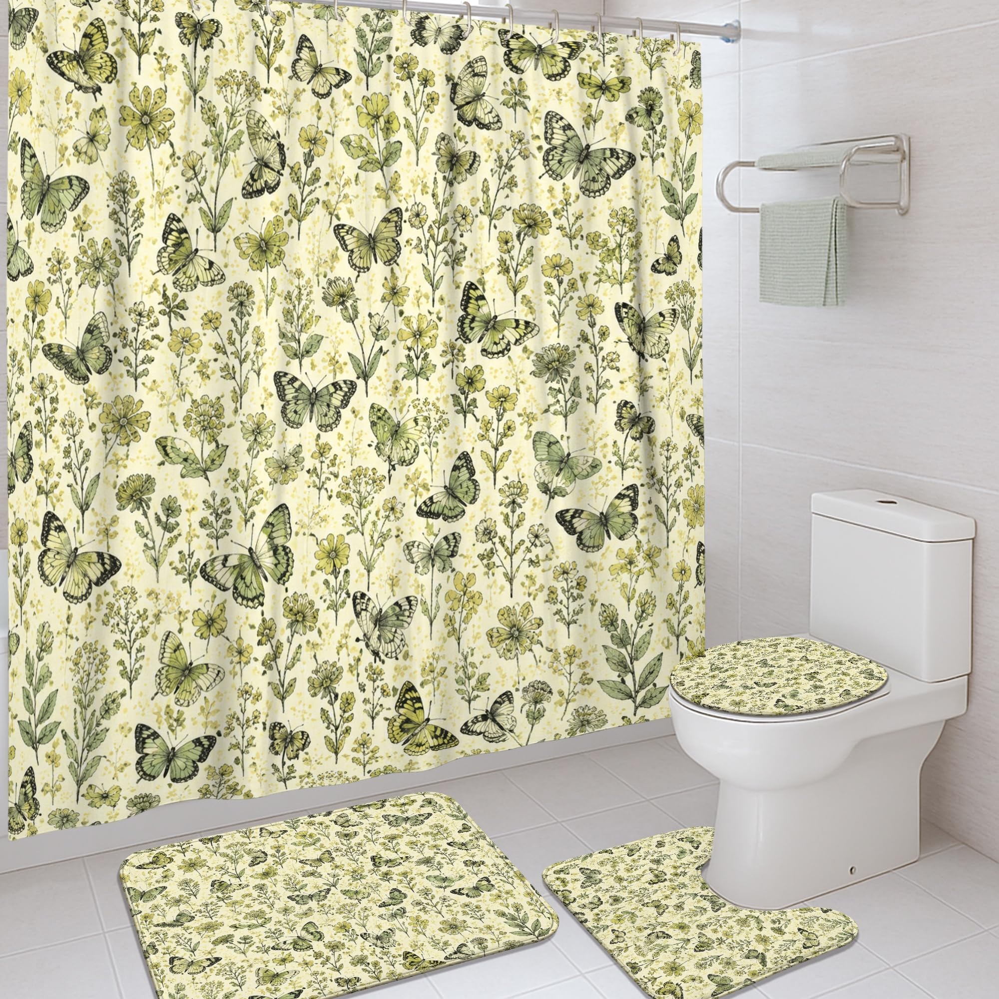 Rideau de douche en tissu imperméable anti-éclaboussures avec tapis de bain pour sol sec