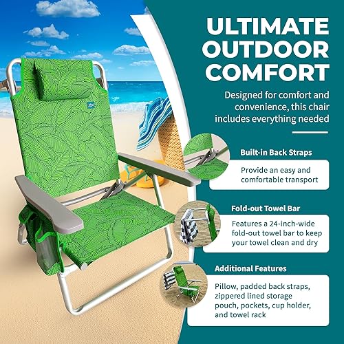 Vista 40 de Bliss Hammocks BBC-350-BF Silla de playa plegable, 5 posiciones reclinables, bolsa enfriadora desmontable, flor azul