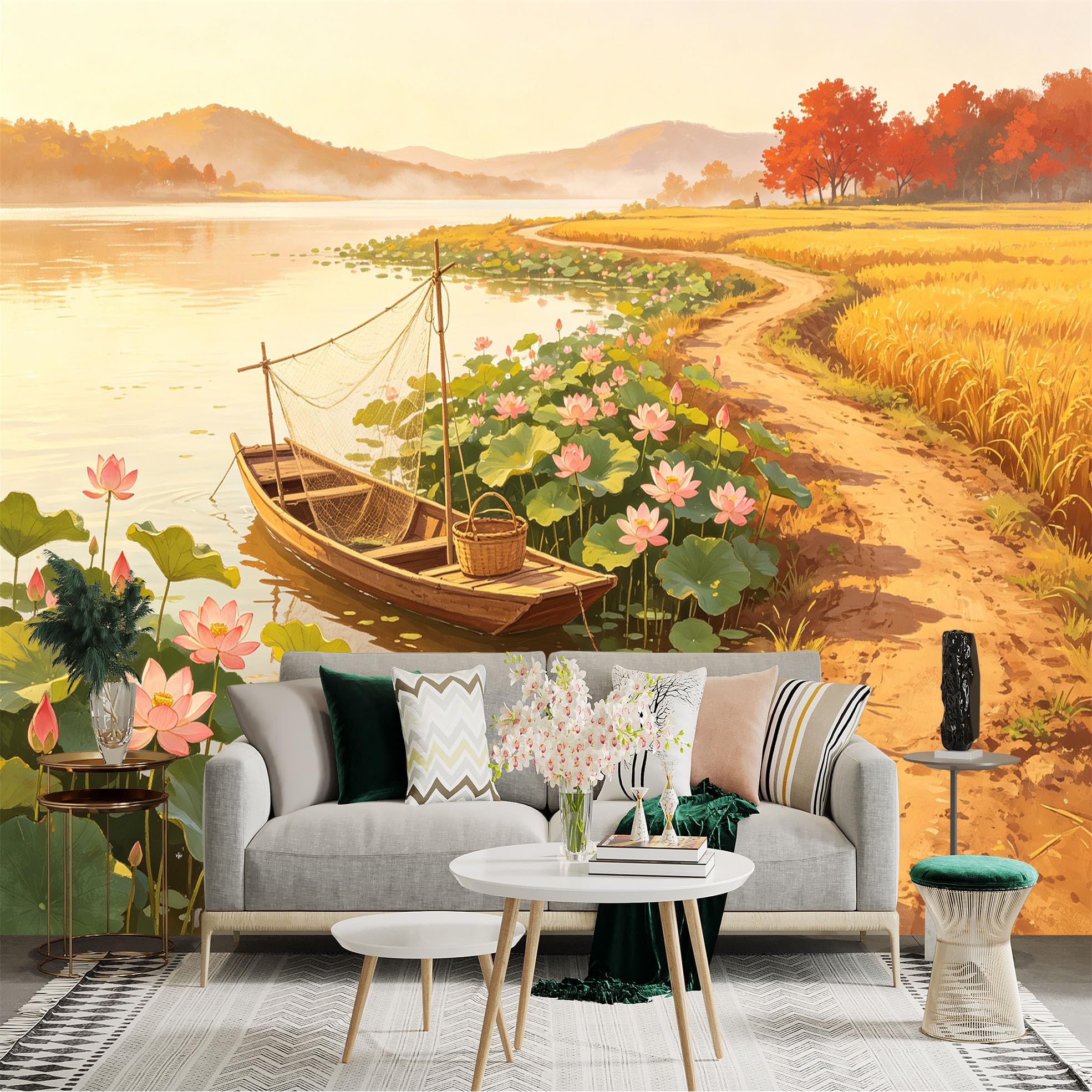 Custom Size Wall Sticker Mural， Peaceful Lake with Lotus Flowers， Fishing Boat， Ducks and Rural Autumn Landscape， for wall Decoration， peelandstick wall Decals.