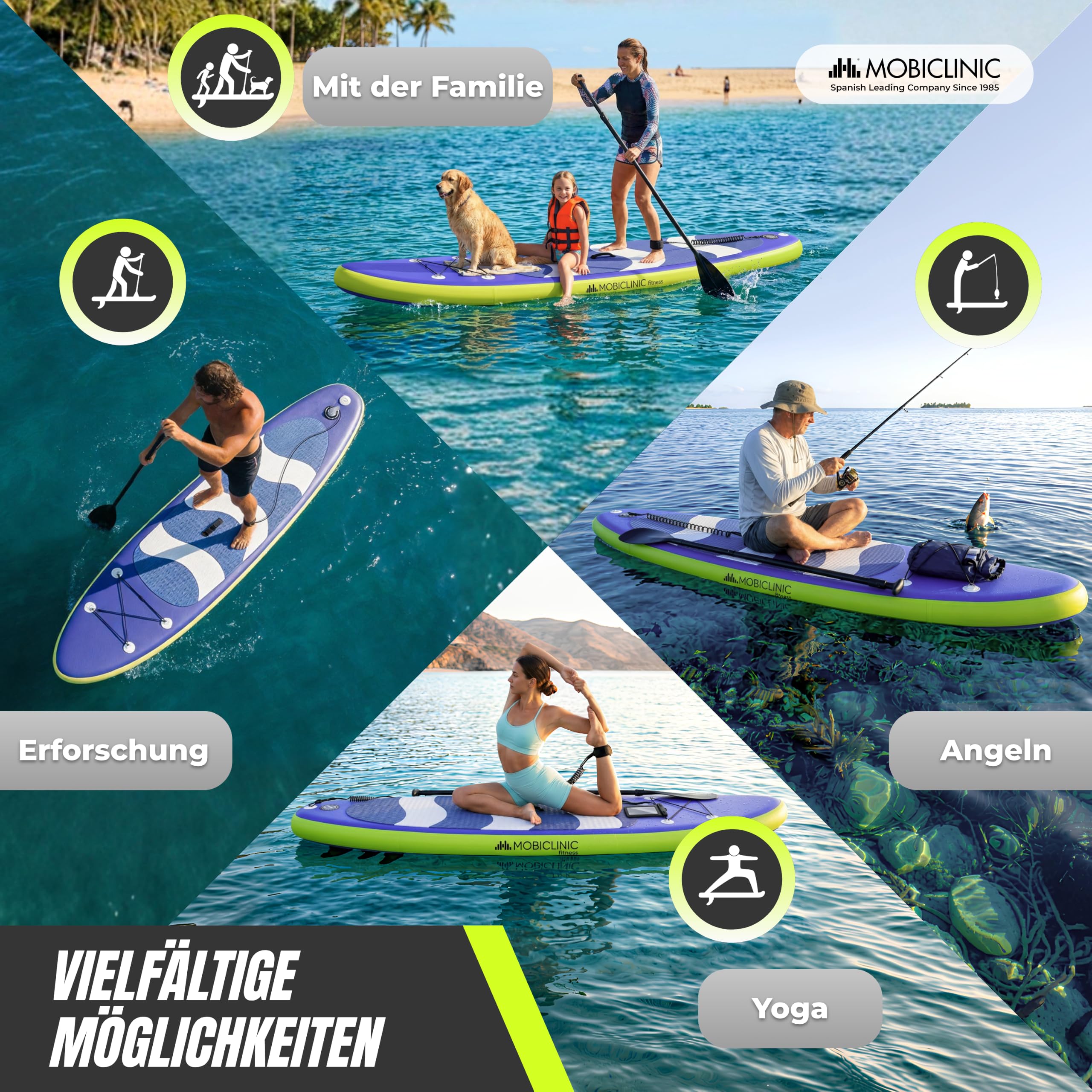 Mobiclinic®, Stand Up Paddling Board, Inklusive Pumpe, Flossen, Rucksack, Paddel, Handyhülle und Reparaturset, 315x78x15 cm, Faltbar, bis 150 kg, Für Kinder, Erwachsene und Haustiere