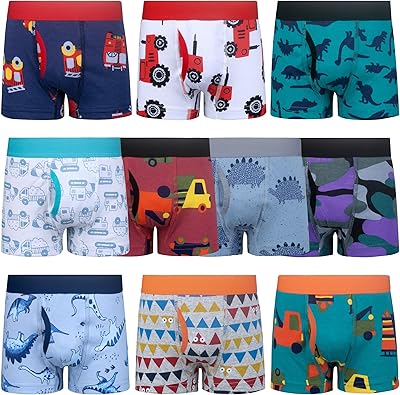 BIG ELEPHANT Boys Boxer Briefs 10-Pack, 100% Cotton Toddler Underwear, Dinosaur and Car Print, Soft Breathable Underpants